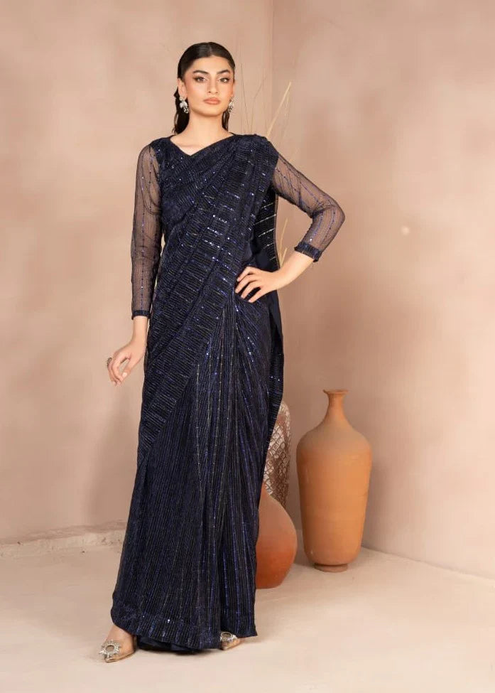 net Saree in Navy blue