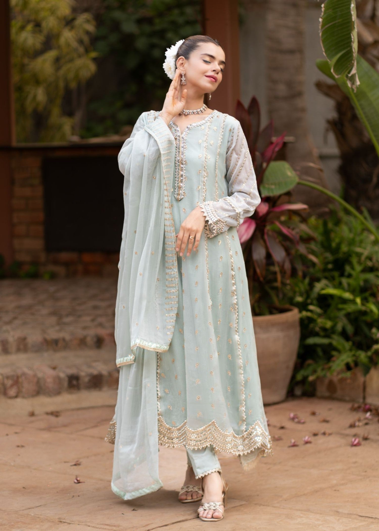chiffon Pishwas in Powder blue