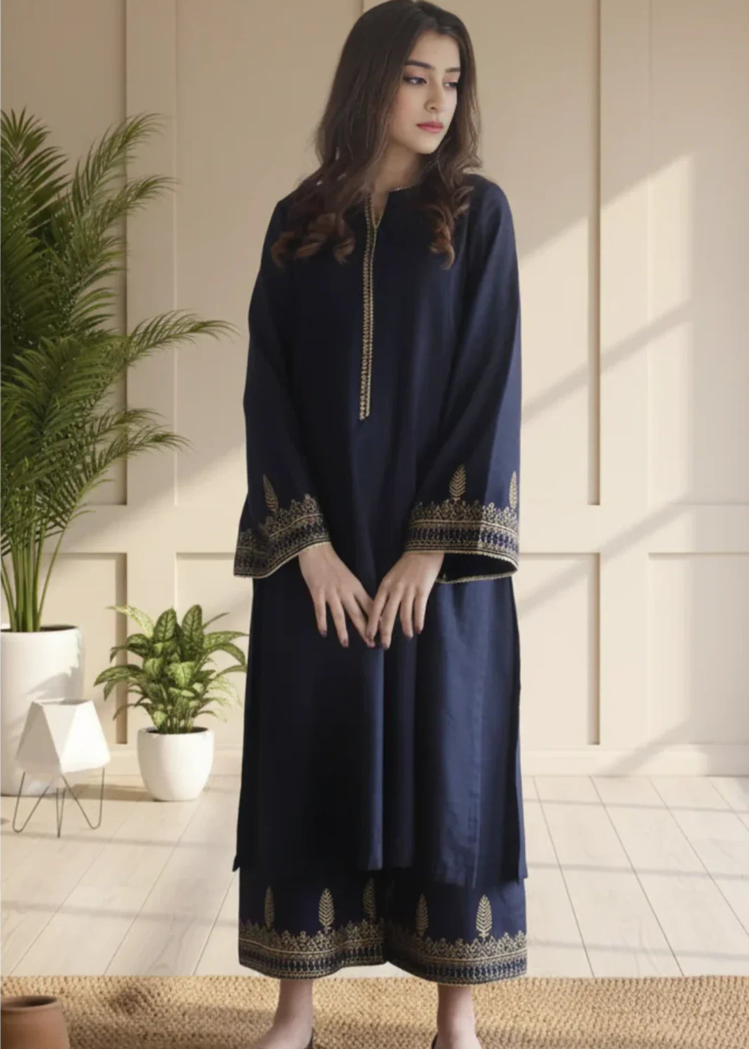 lawn cotton Kurta Set in Navy blue