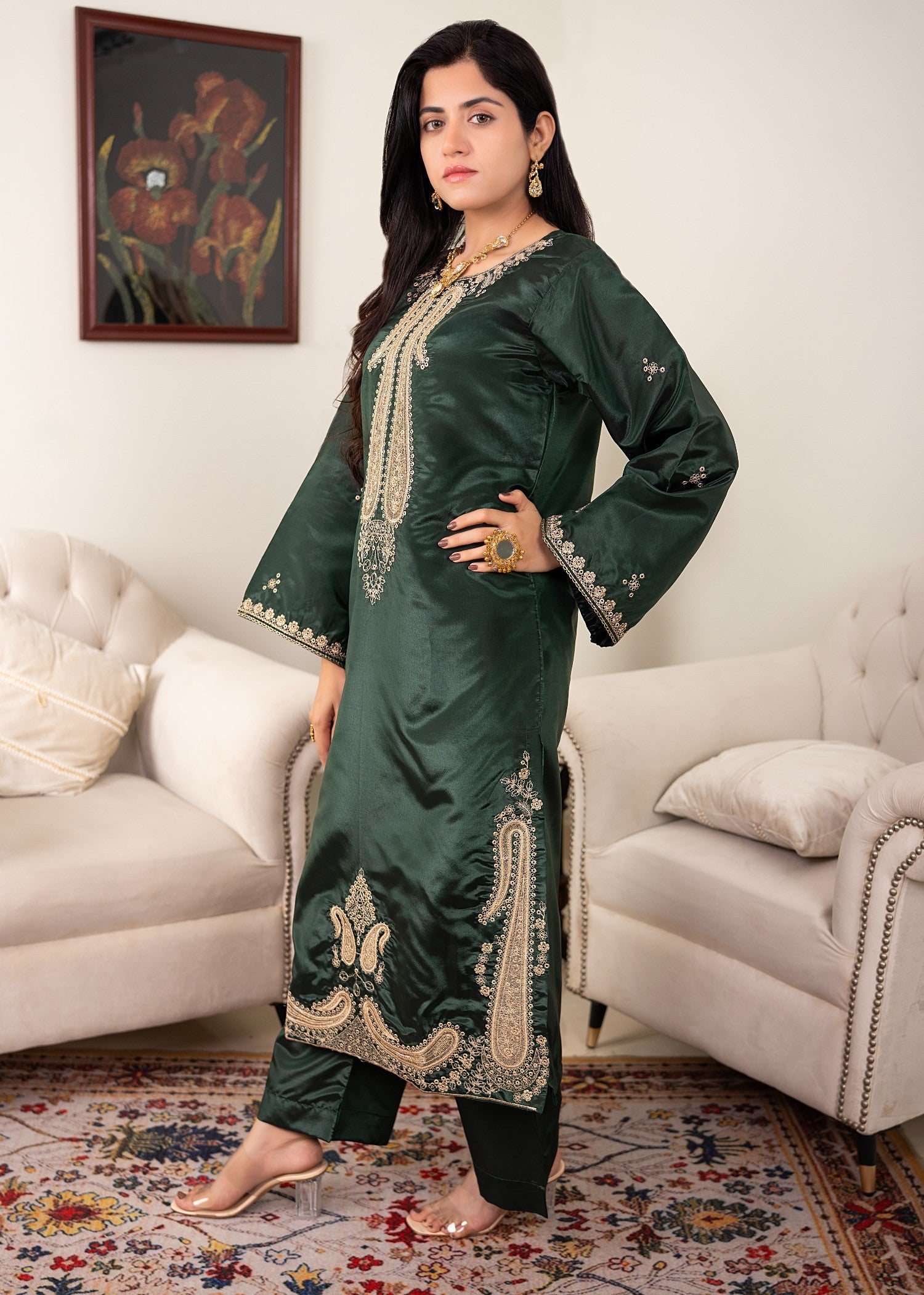 kattan silk Kurta Set in Dark green