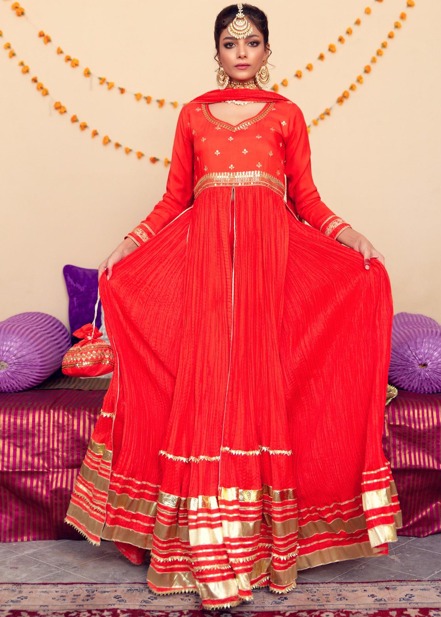 cotton silk Pishwas in Orange