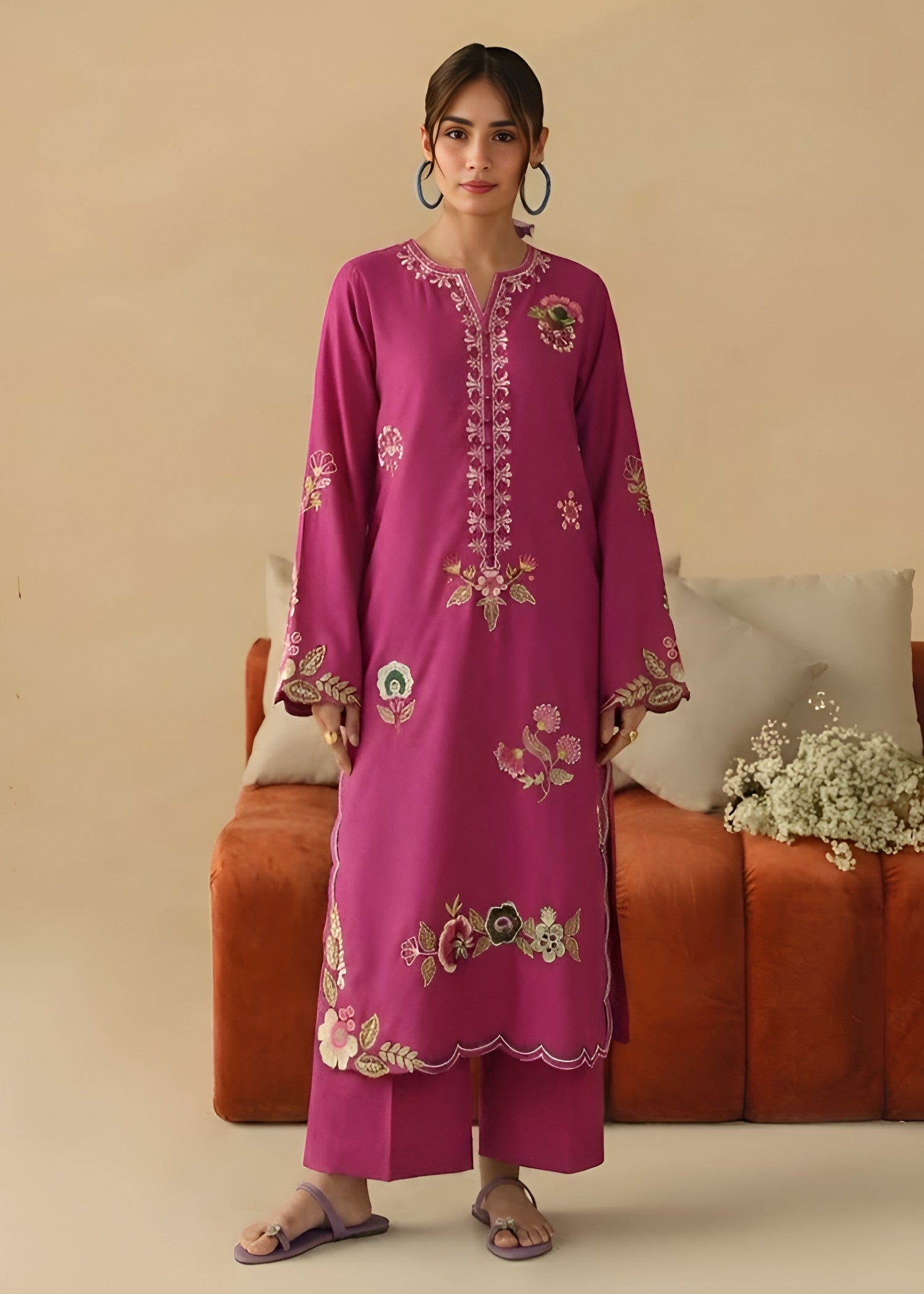 linen Kurta Set in Red violet