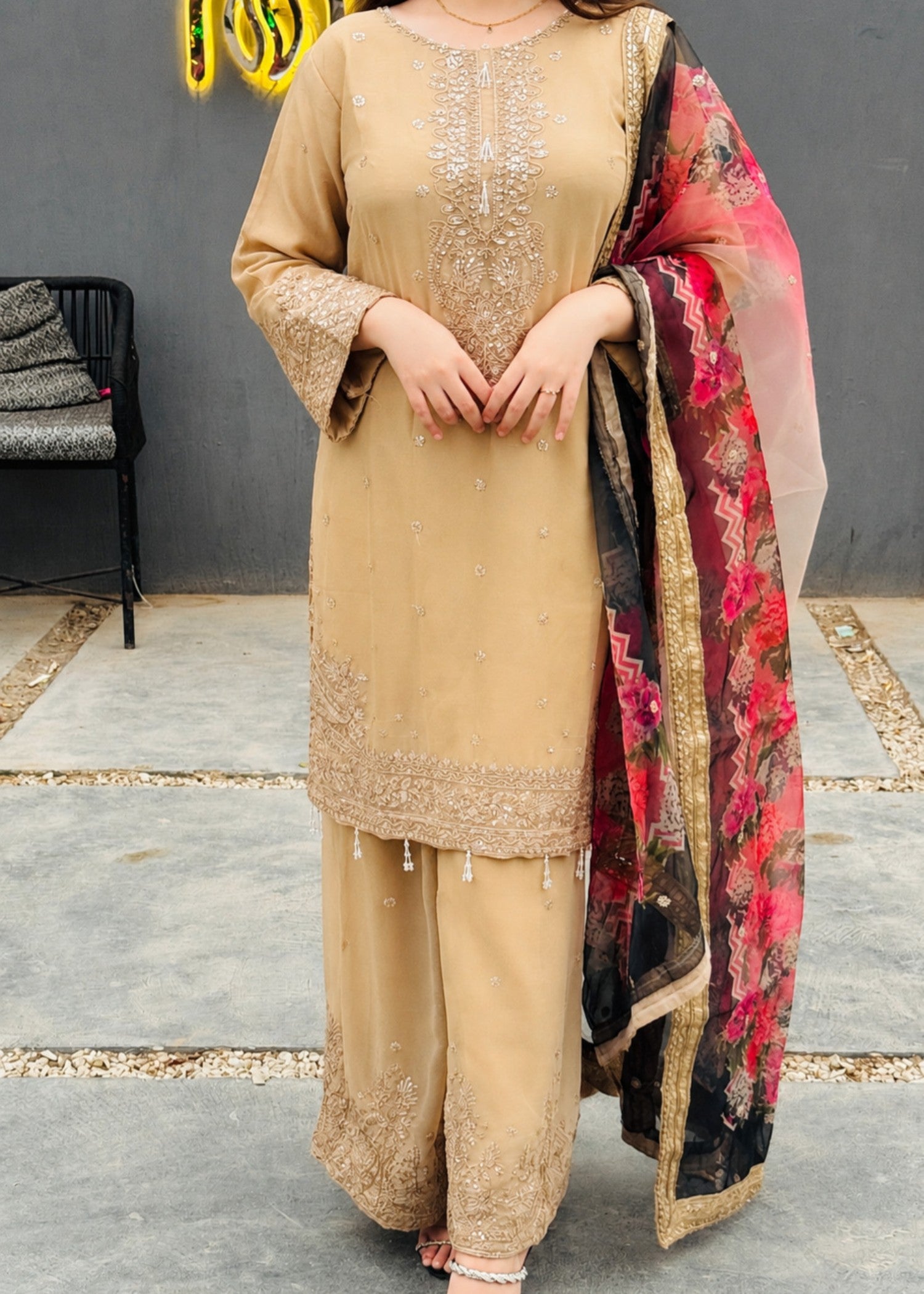 chiffon Kurta Set in Earth brown