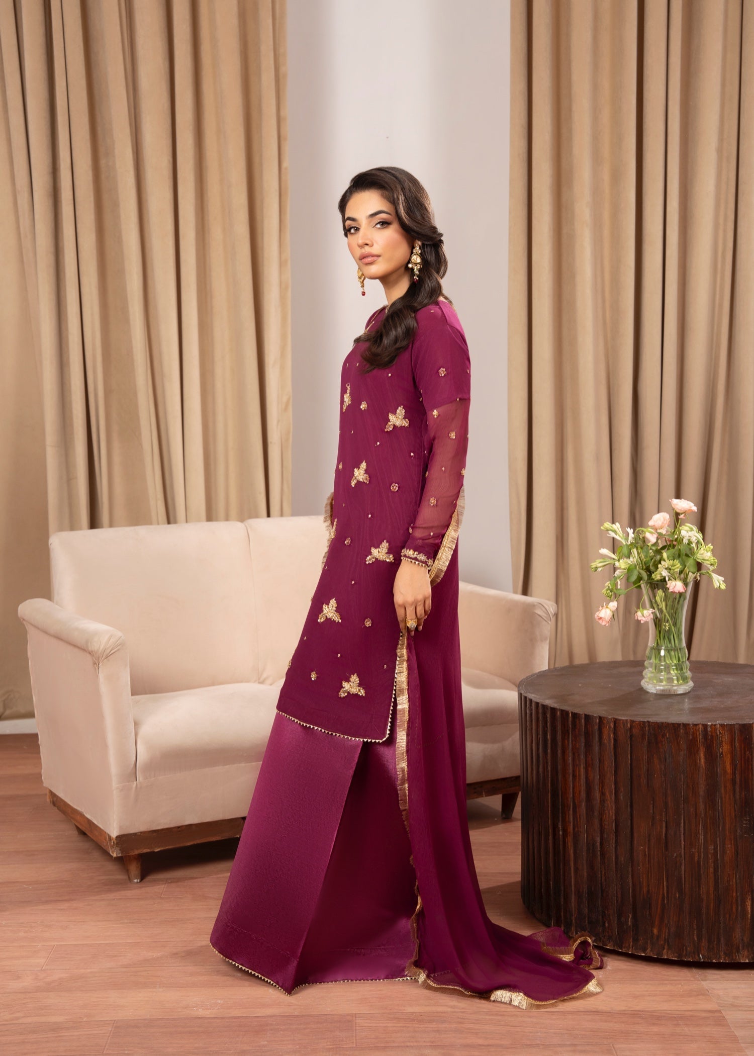chiffon Sharara in Dark raspberry