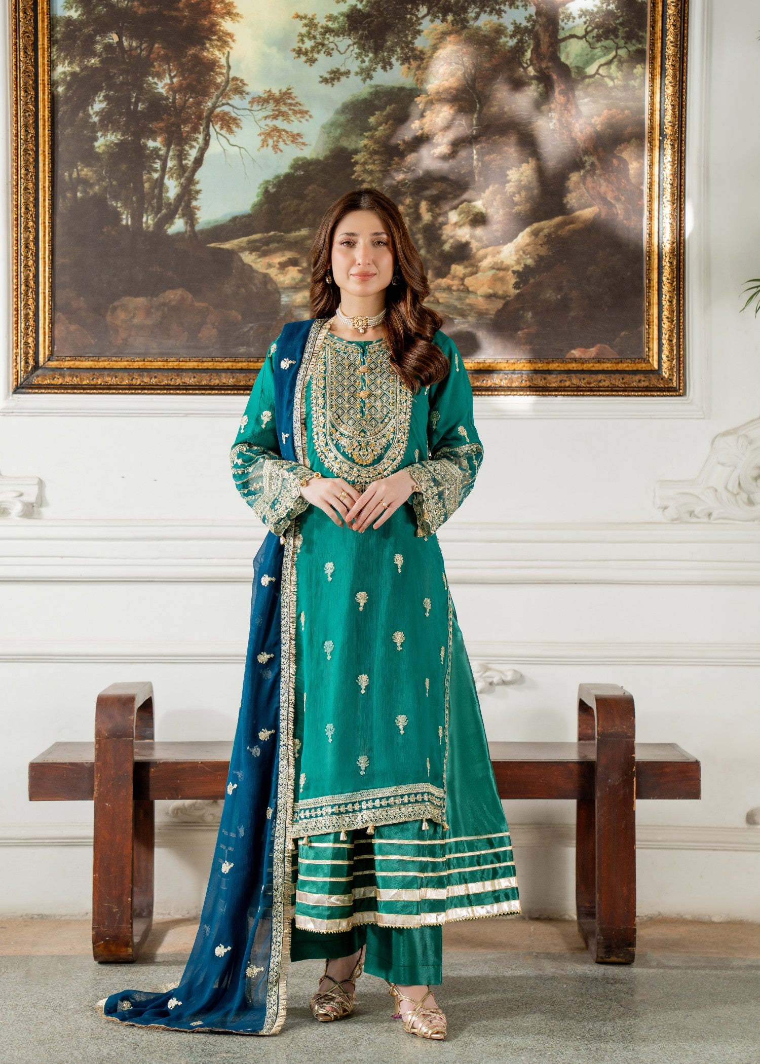kattan silk Gown in Royal blue, teal
