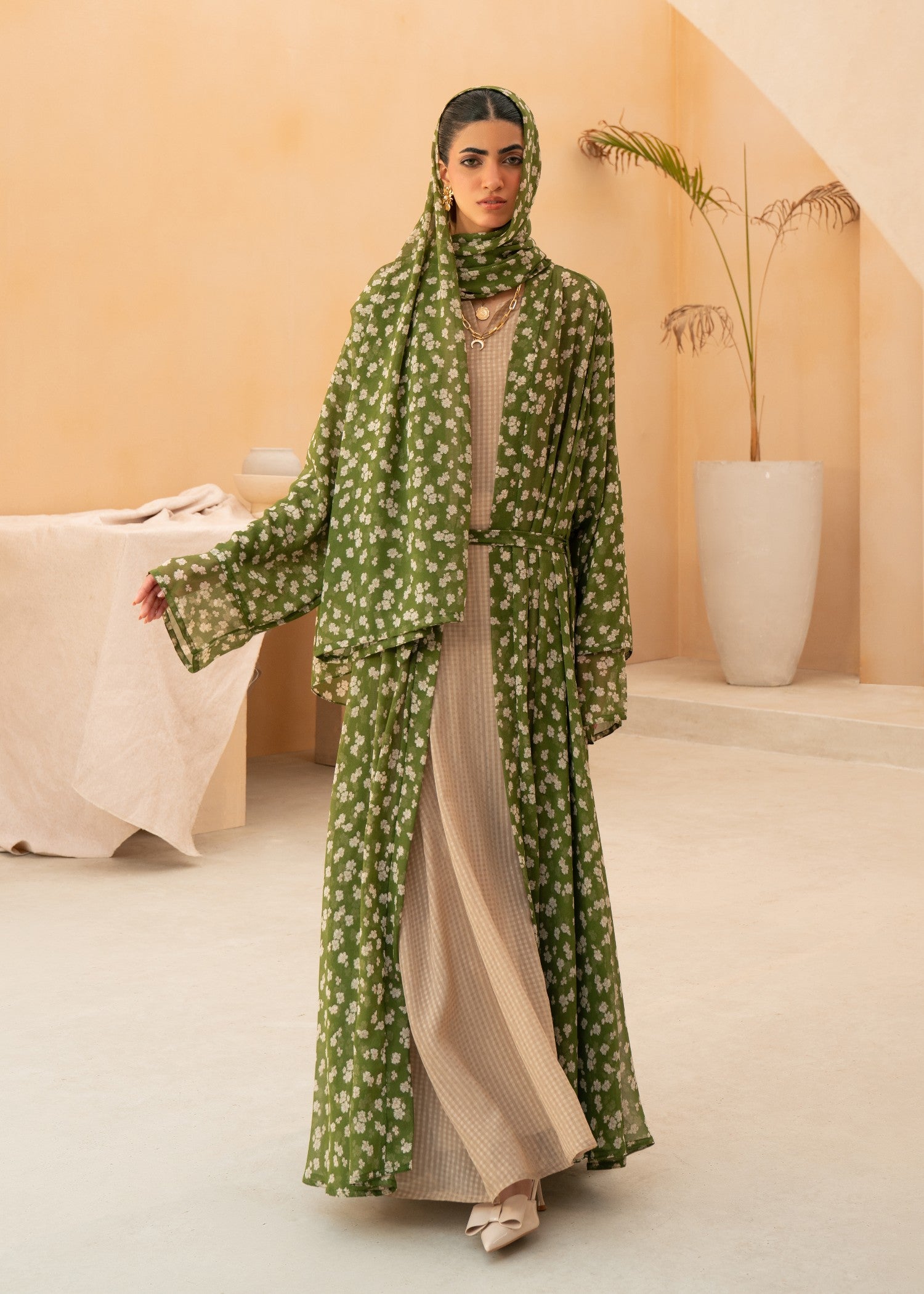 chiffon Abaya in Forest green, beige, multi