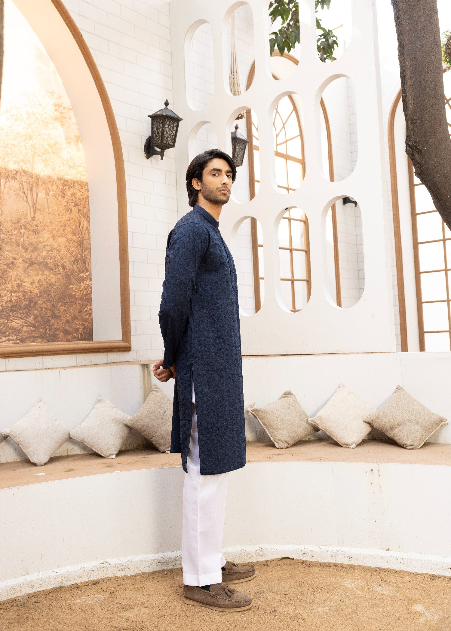 schiffli Kurta in Navy blue