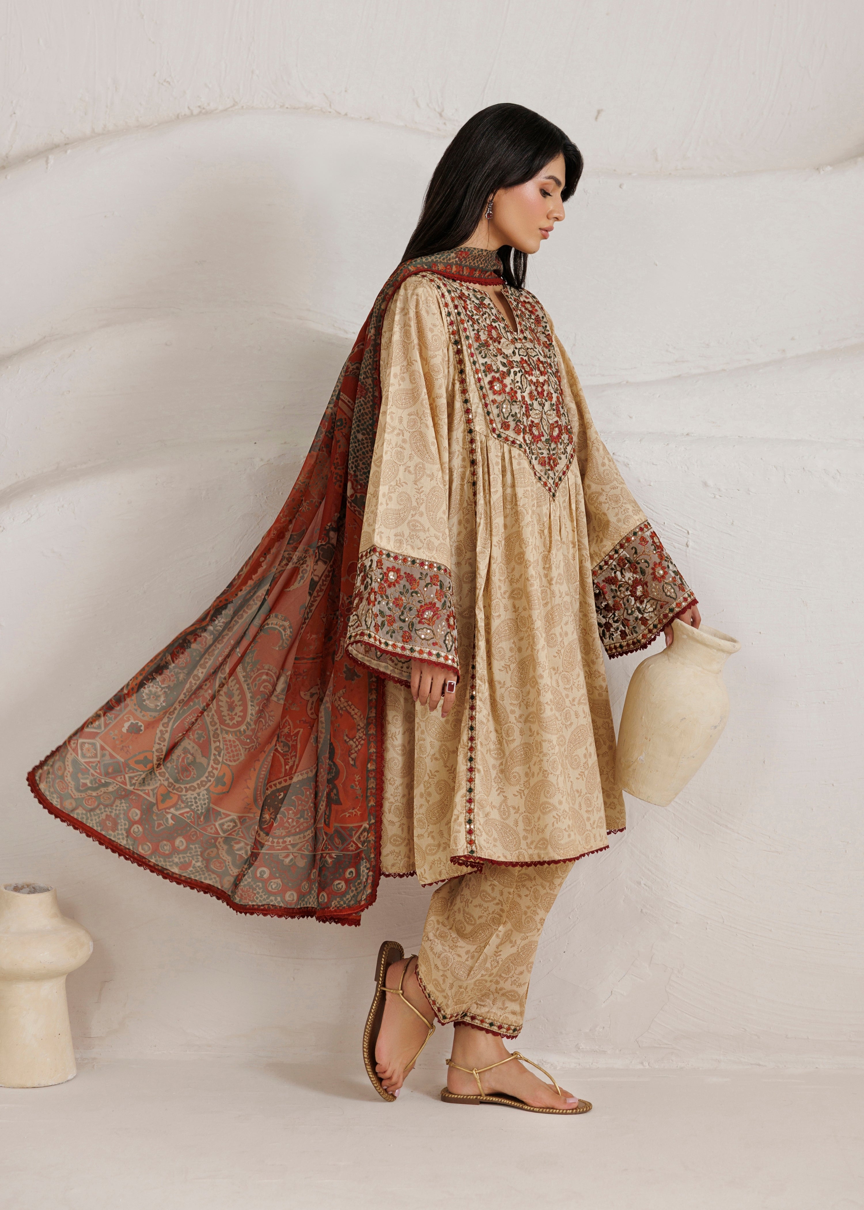 cotton Short Frock in Tan brown