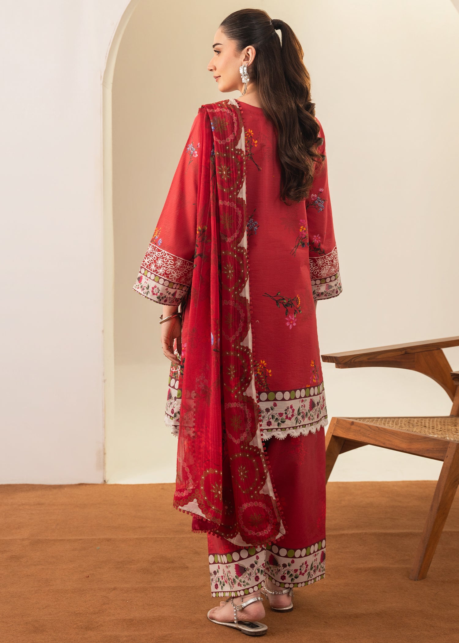 ribbed lawn Kurta Set in Red