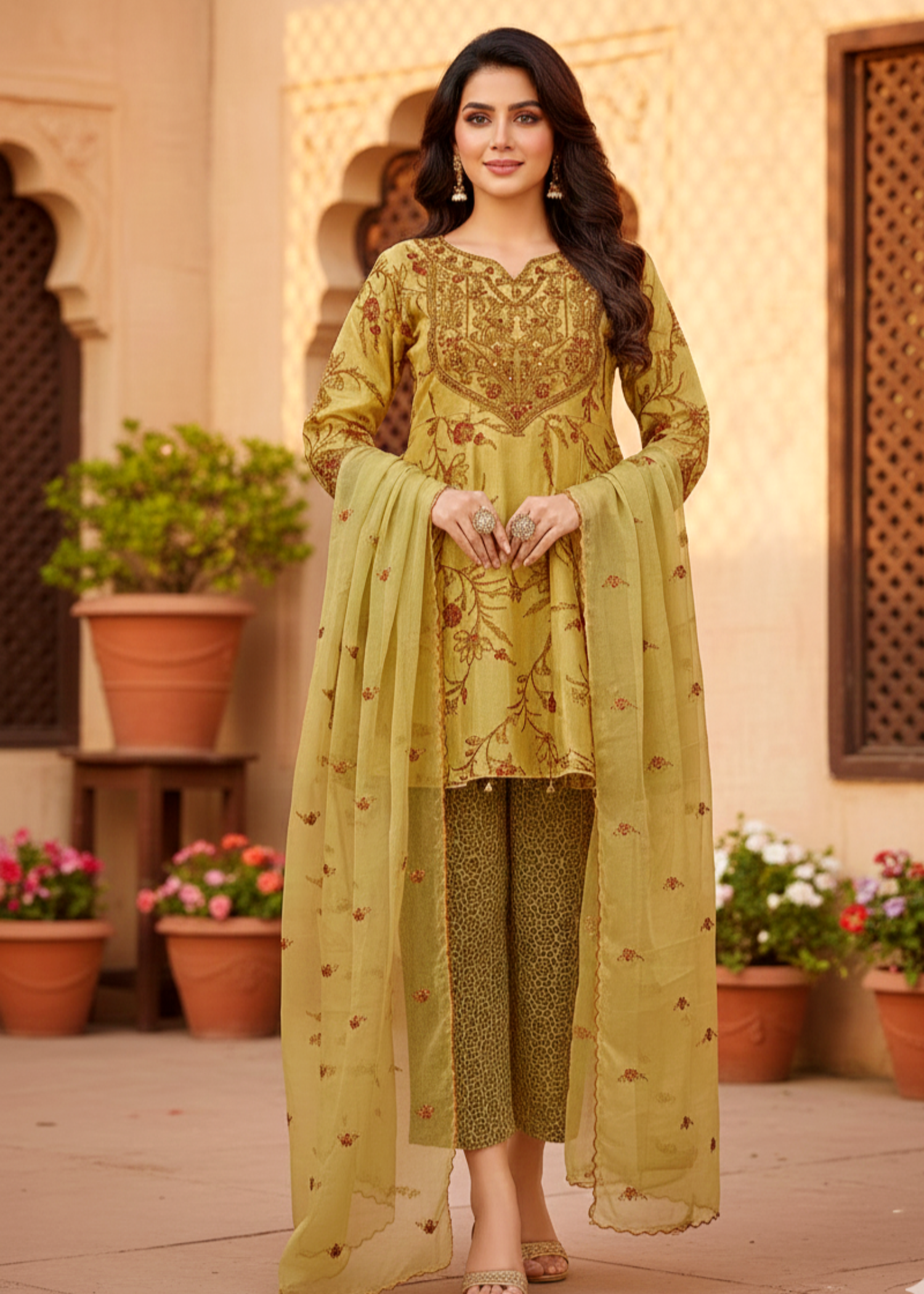 tissue silk Short Frock in Green