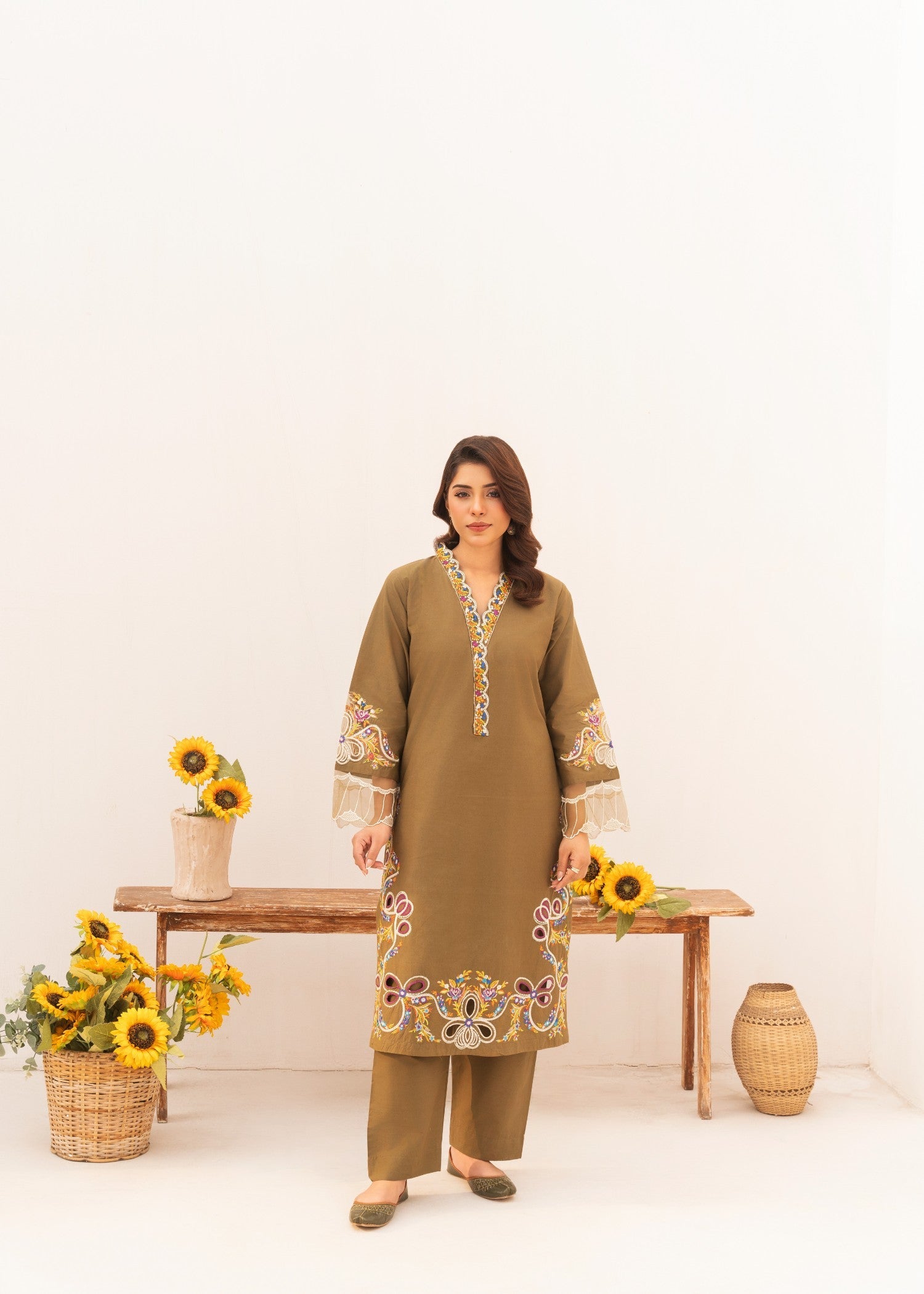 cambric Kurta Set in Brown
