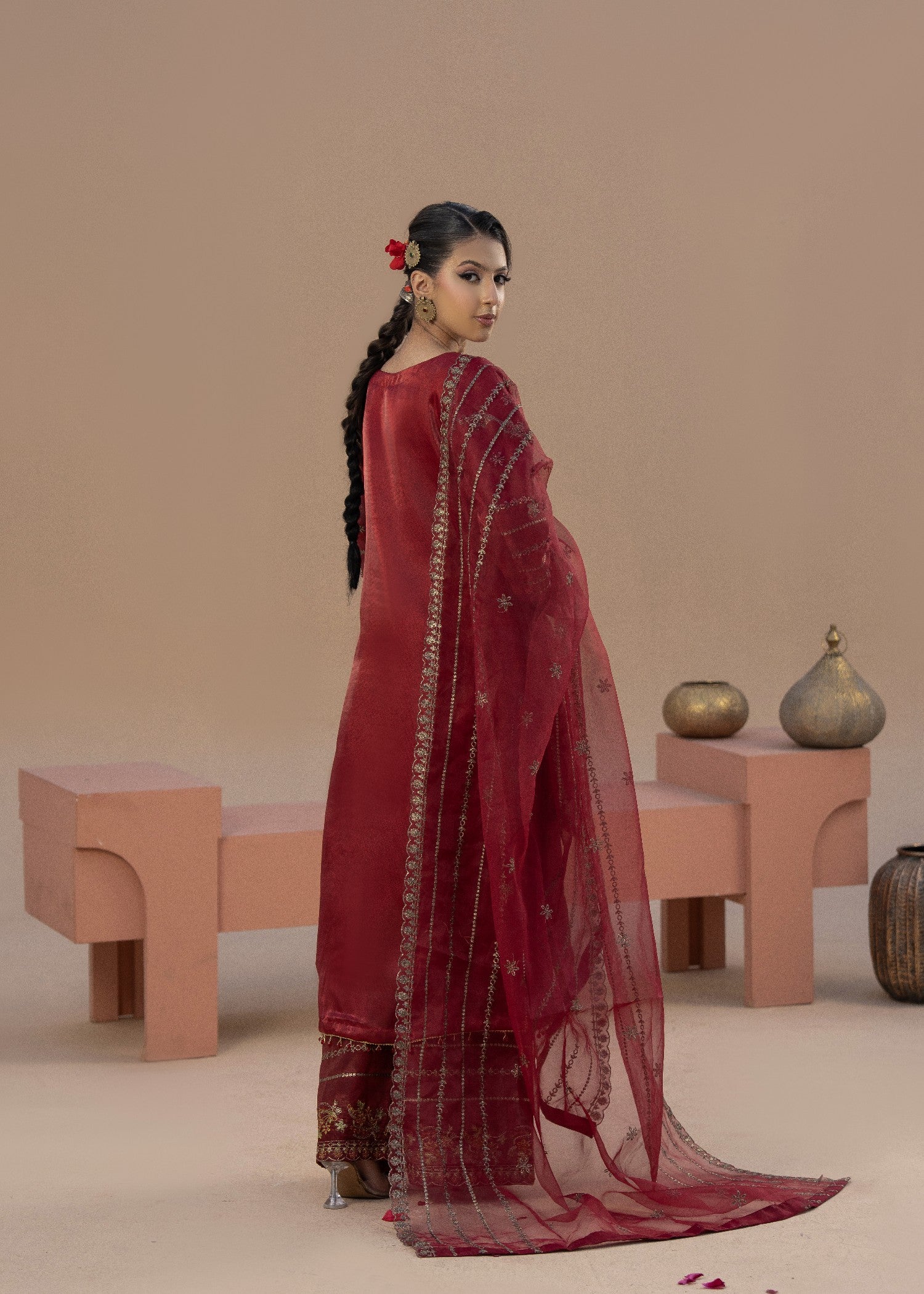 silk Kurta Set in Brick red