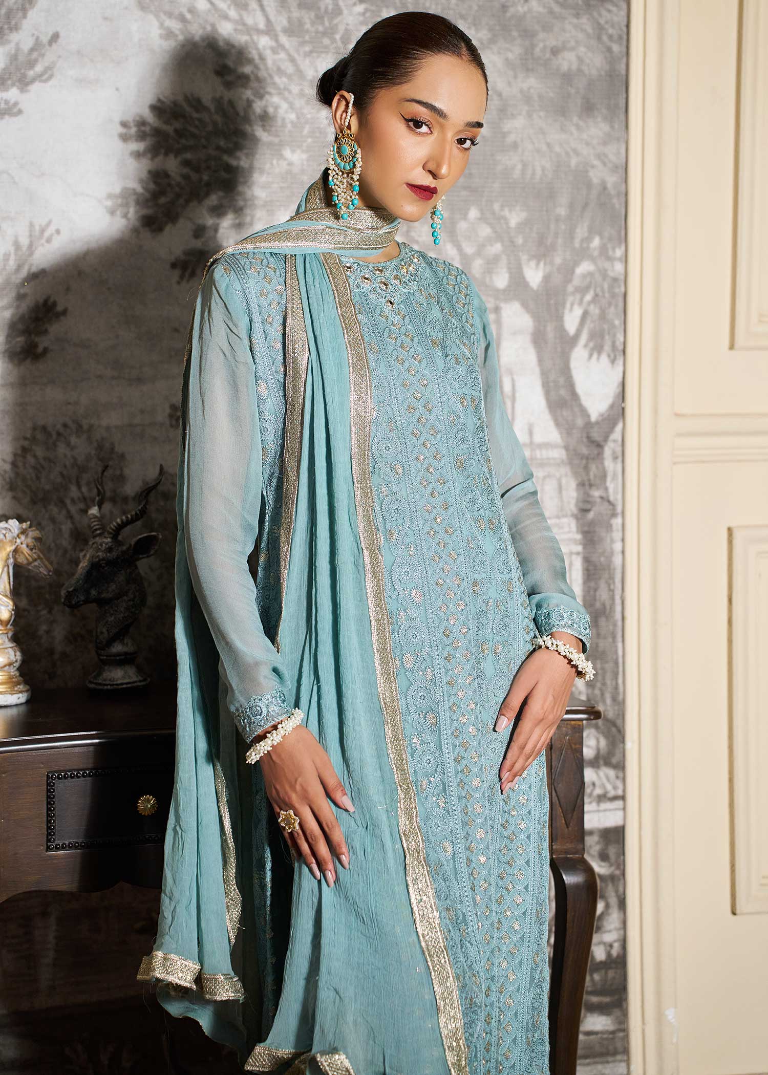 chiffon Kurta Set in Sky blue