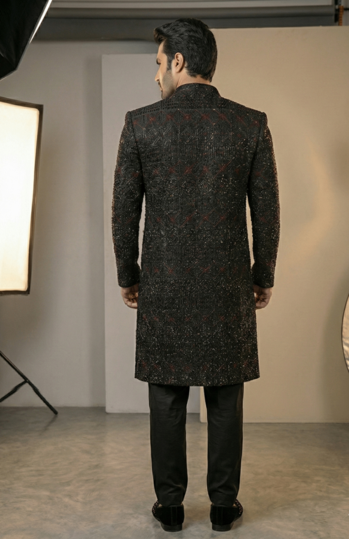 silk Sherwani in Black, gold, maroon