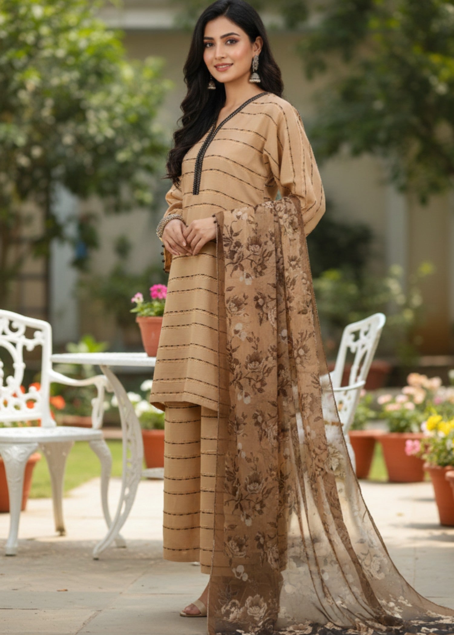cotton karandi Kurta Set in Camel brown