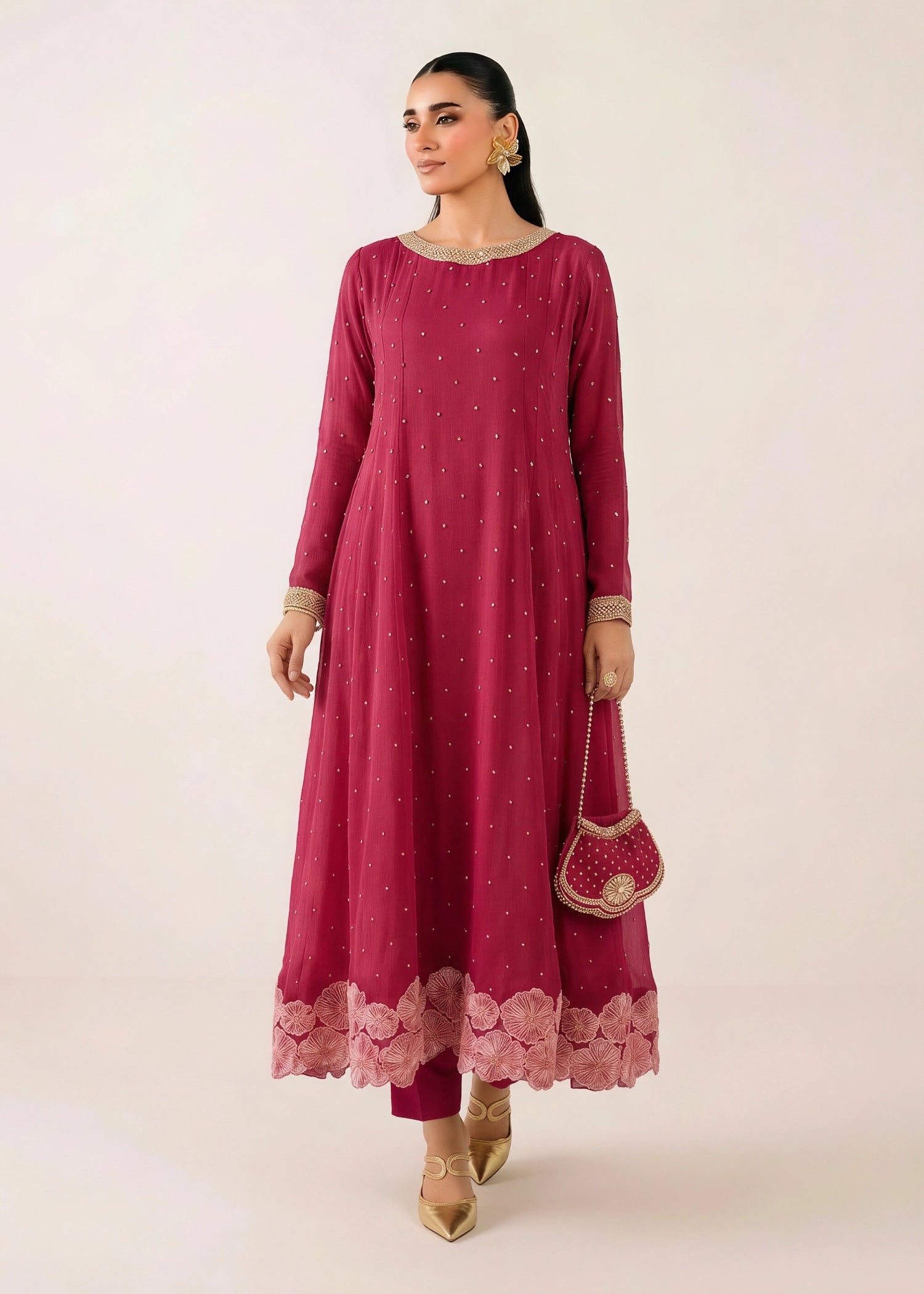 chiffon Pishwas in Hot pink
