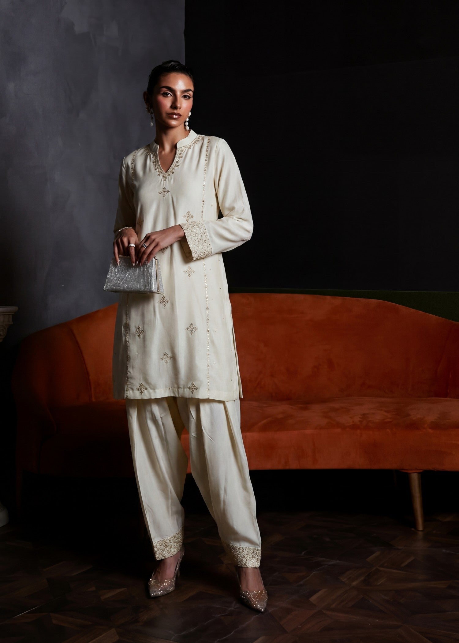 dhanak Kurta Set in Ivory
