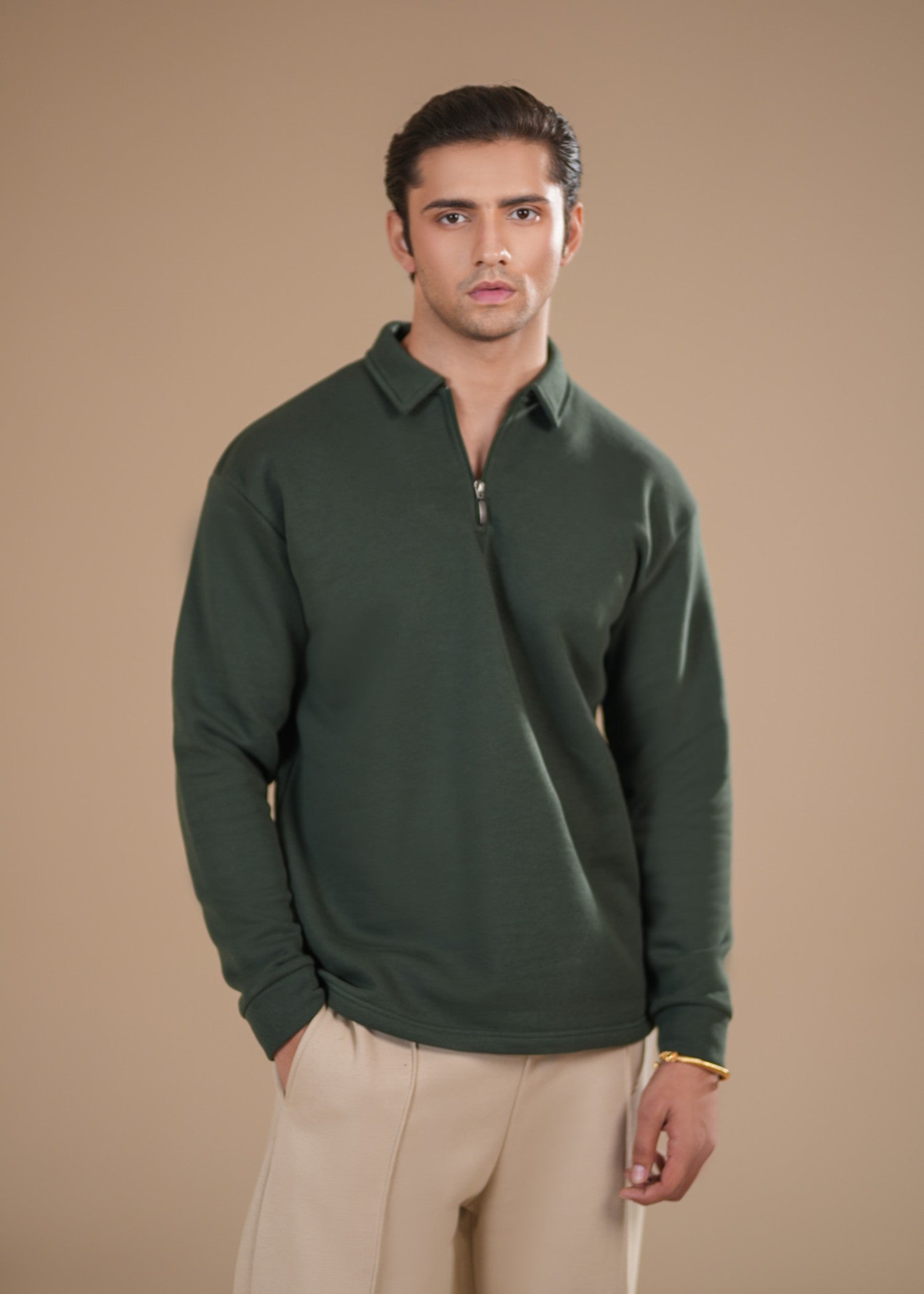 fleece Polo Shirt in Green