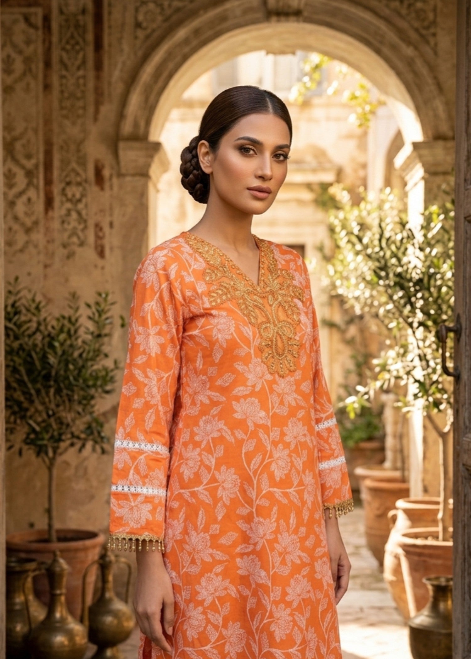 lawn Kurta Set in Pumpkin orange