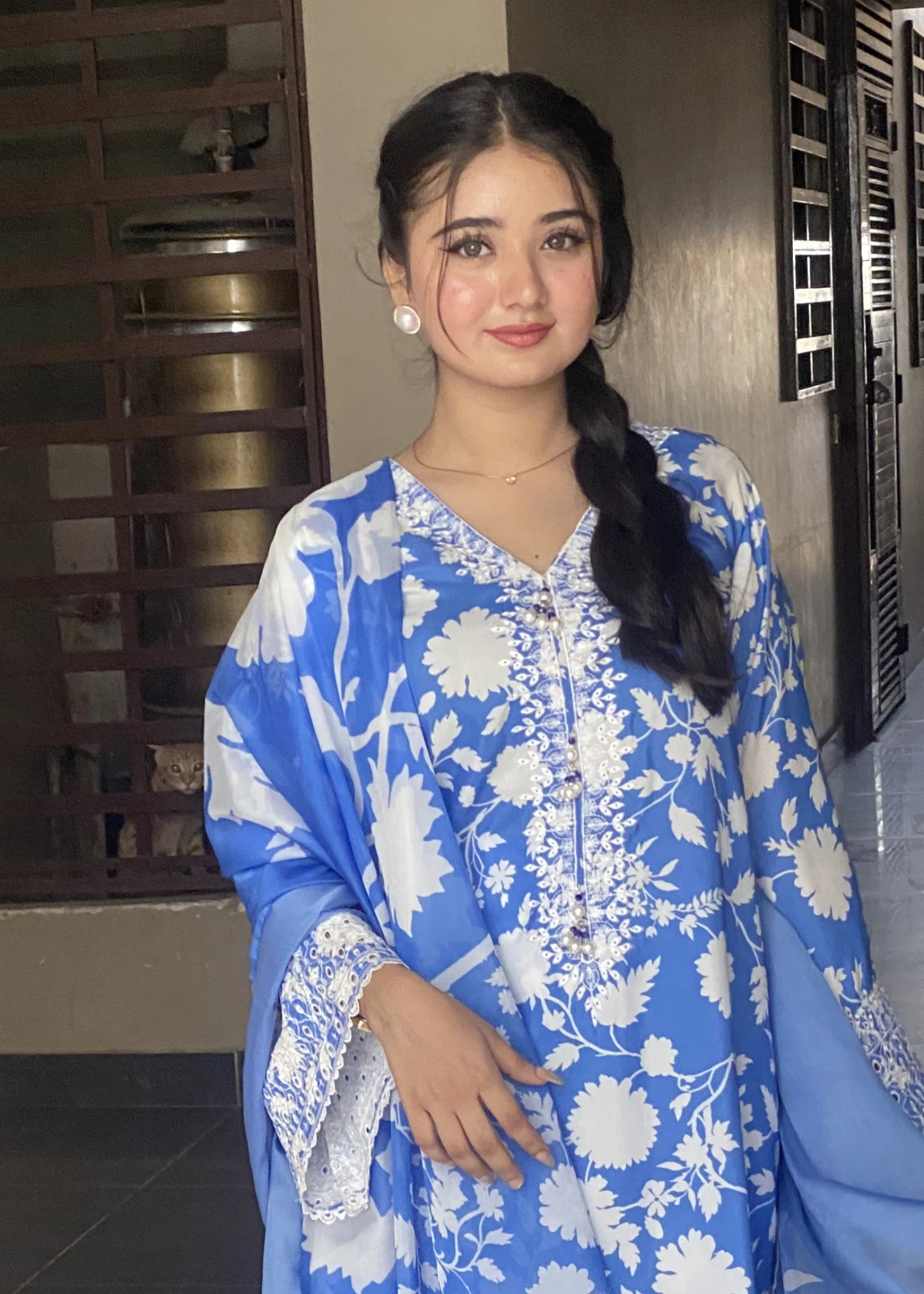 cotton silk Kurta Set in Cornflower blue