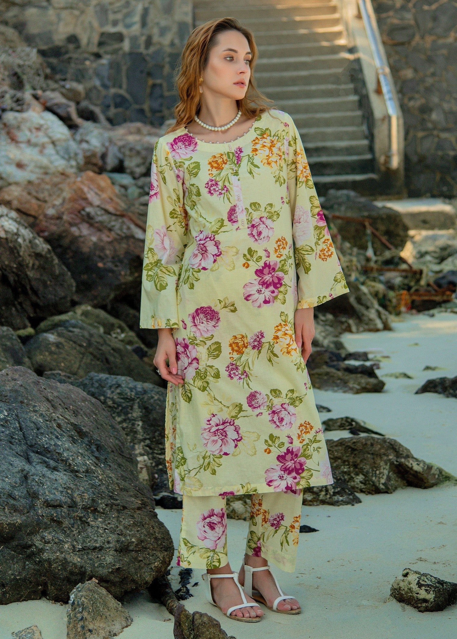 lawn cotton Co Ord Sets in Pale yellow