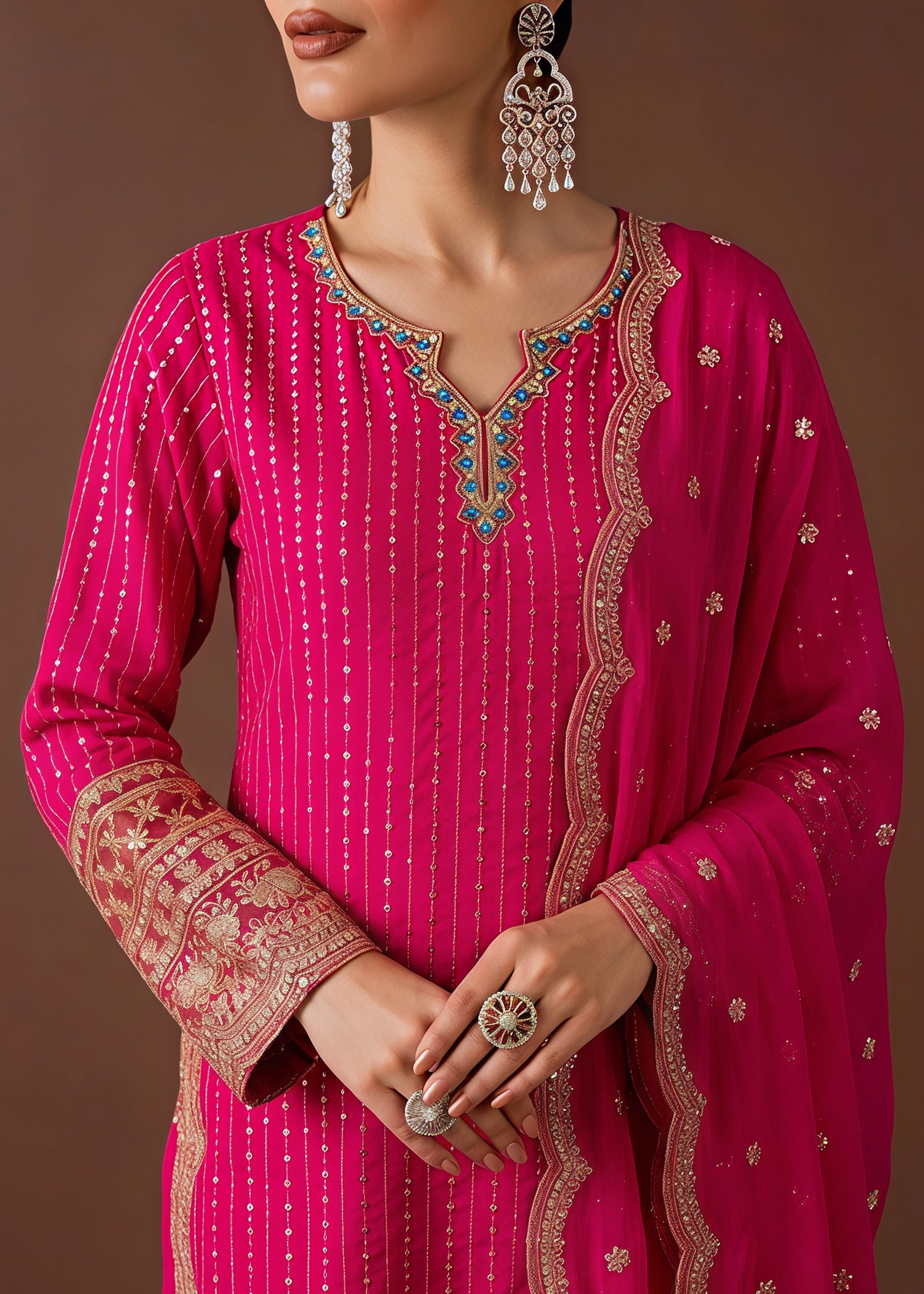 chiffon Kurta Set in Hot pink
