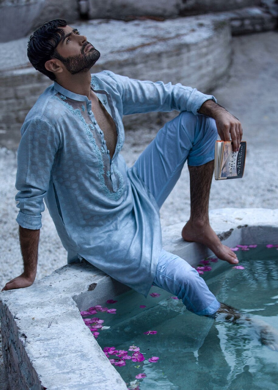 cotton net Kurta in Sky blue