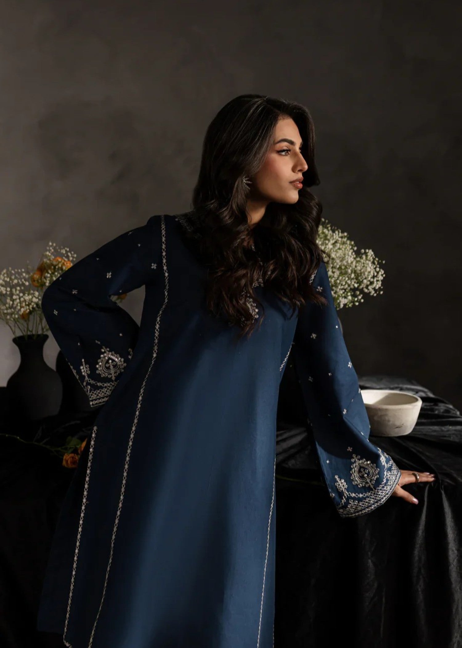 cambric Kurta Set in Midnight blue