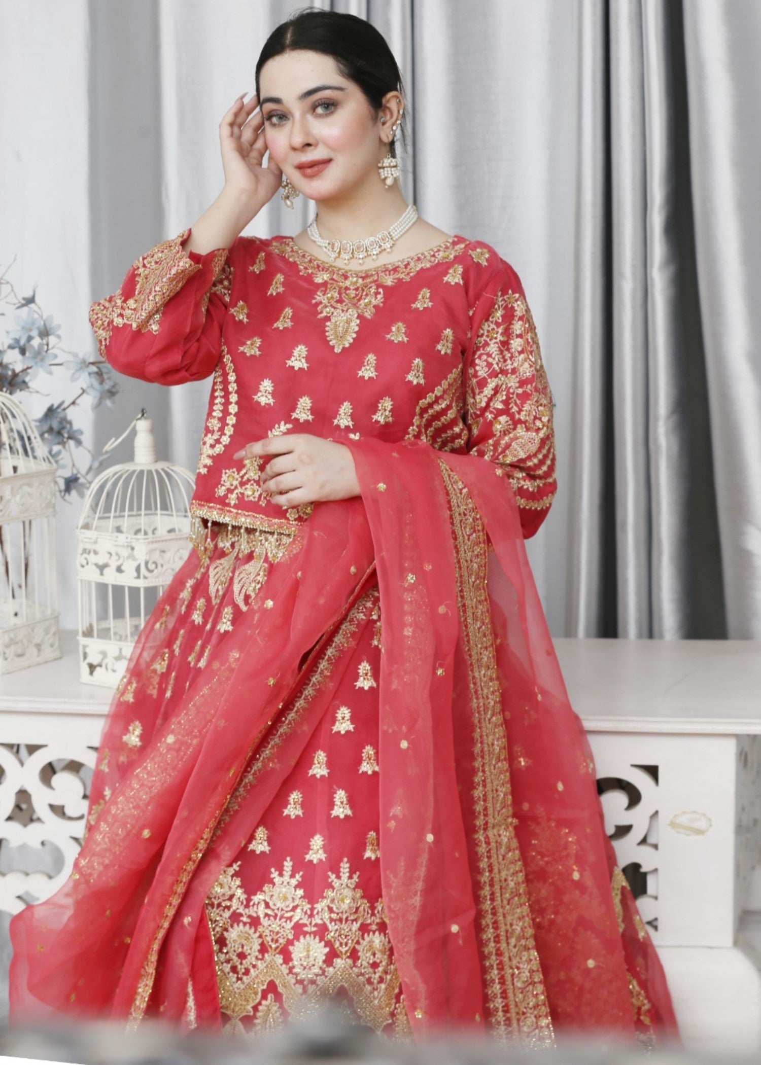 organza Lehenga in Spicy red