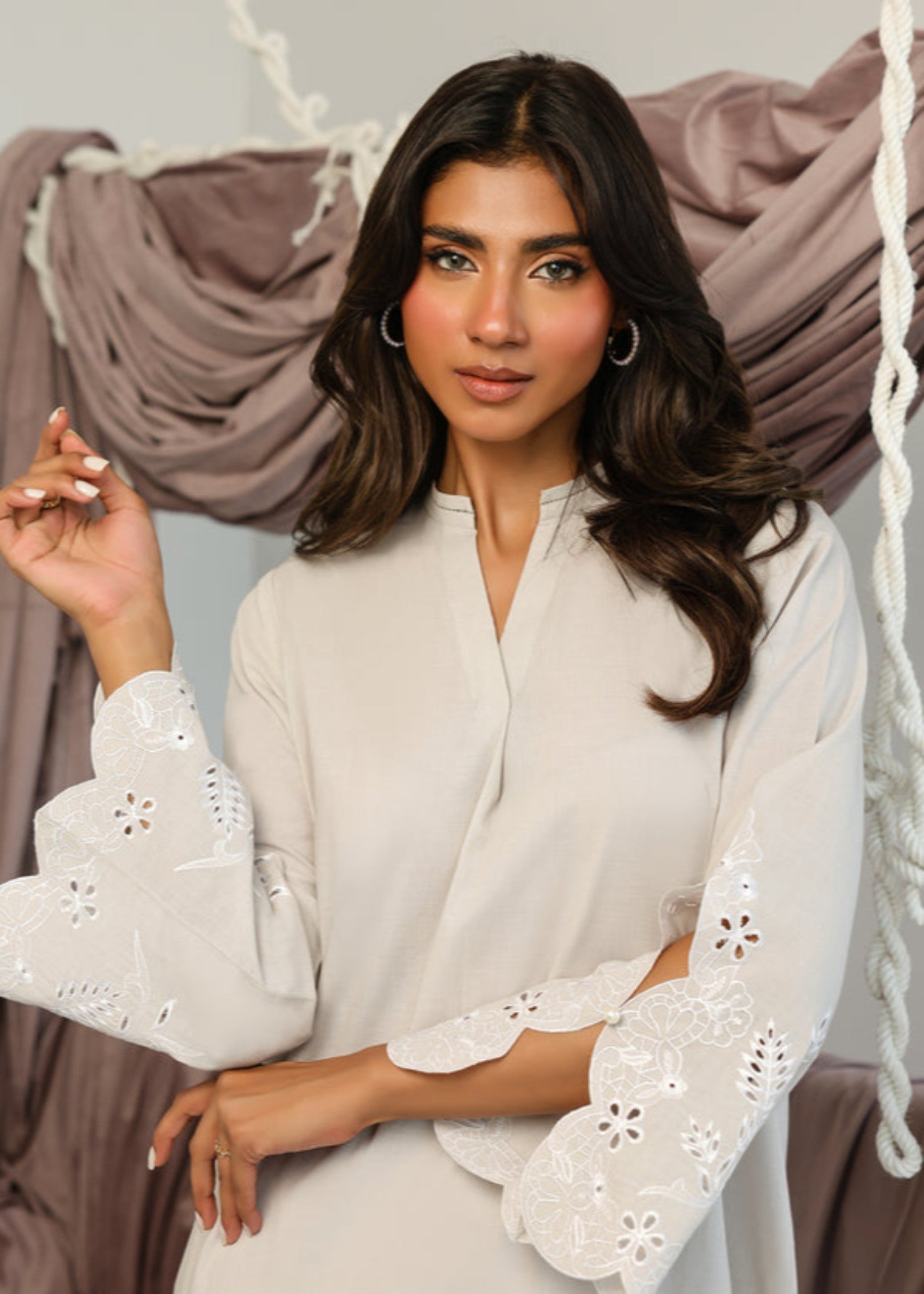cambric Kurta Set in Light grey