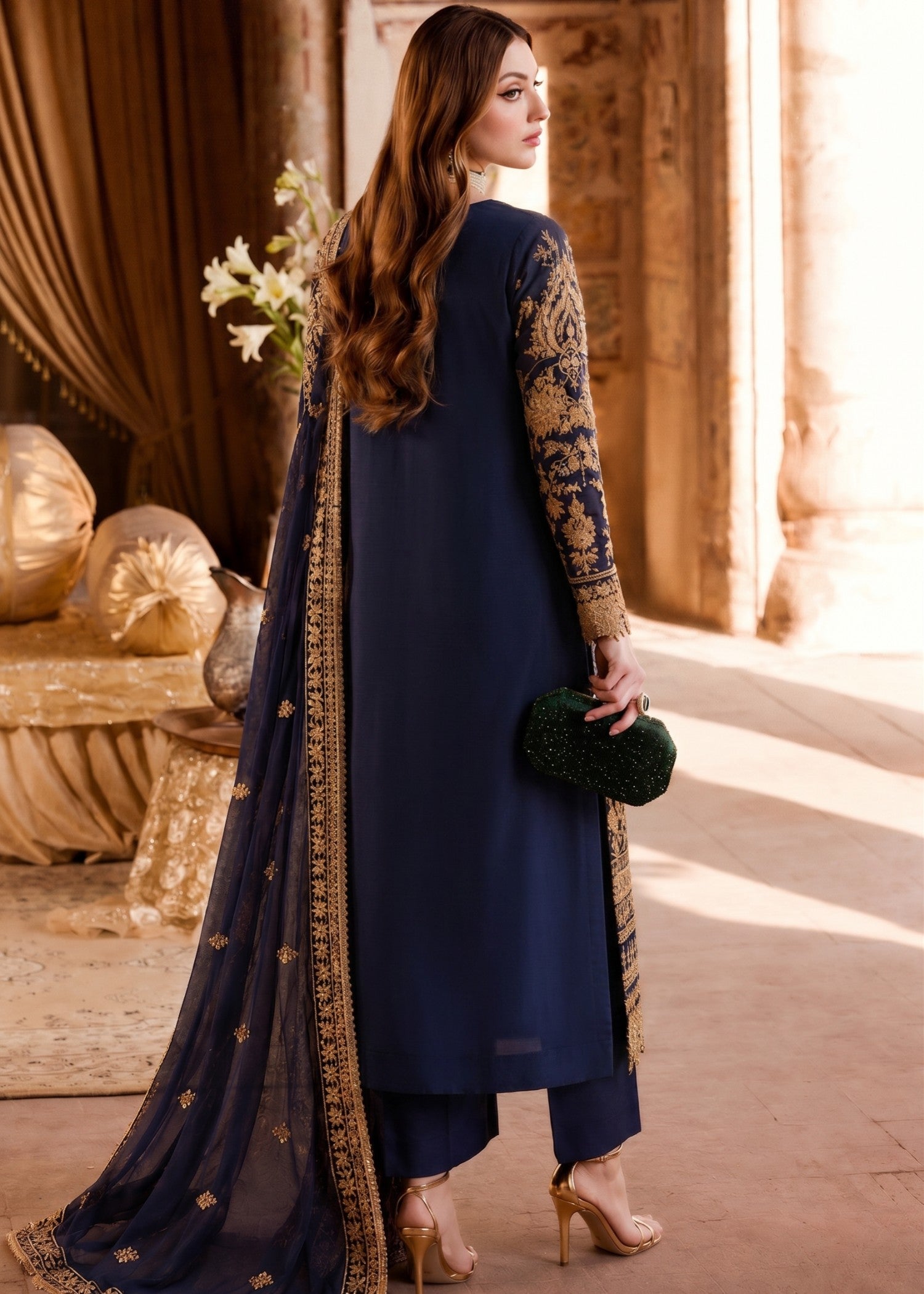 bemberg crinkle chiffon Kurta Set in Moonlight blue