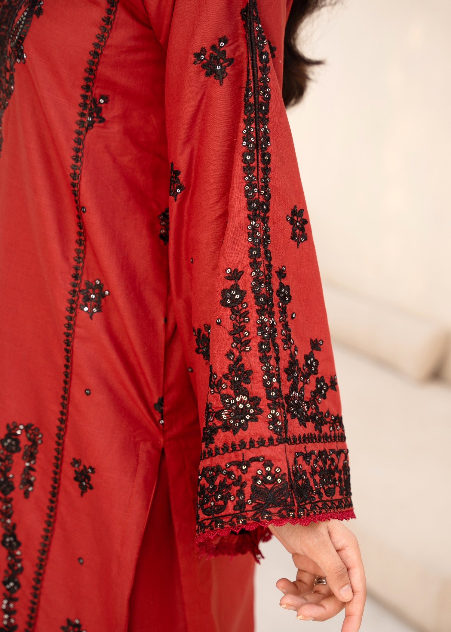 cambric Kurta Set in Rust red