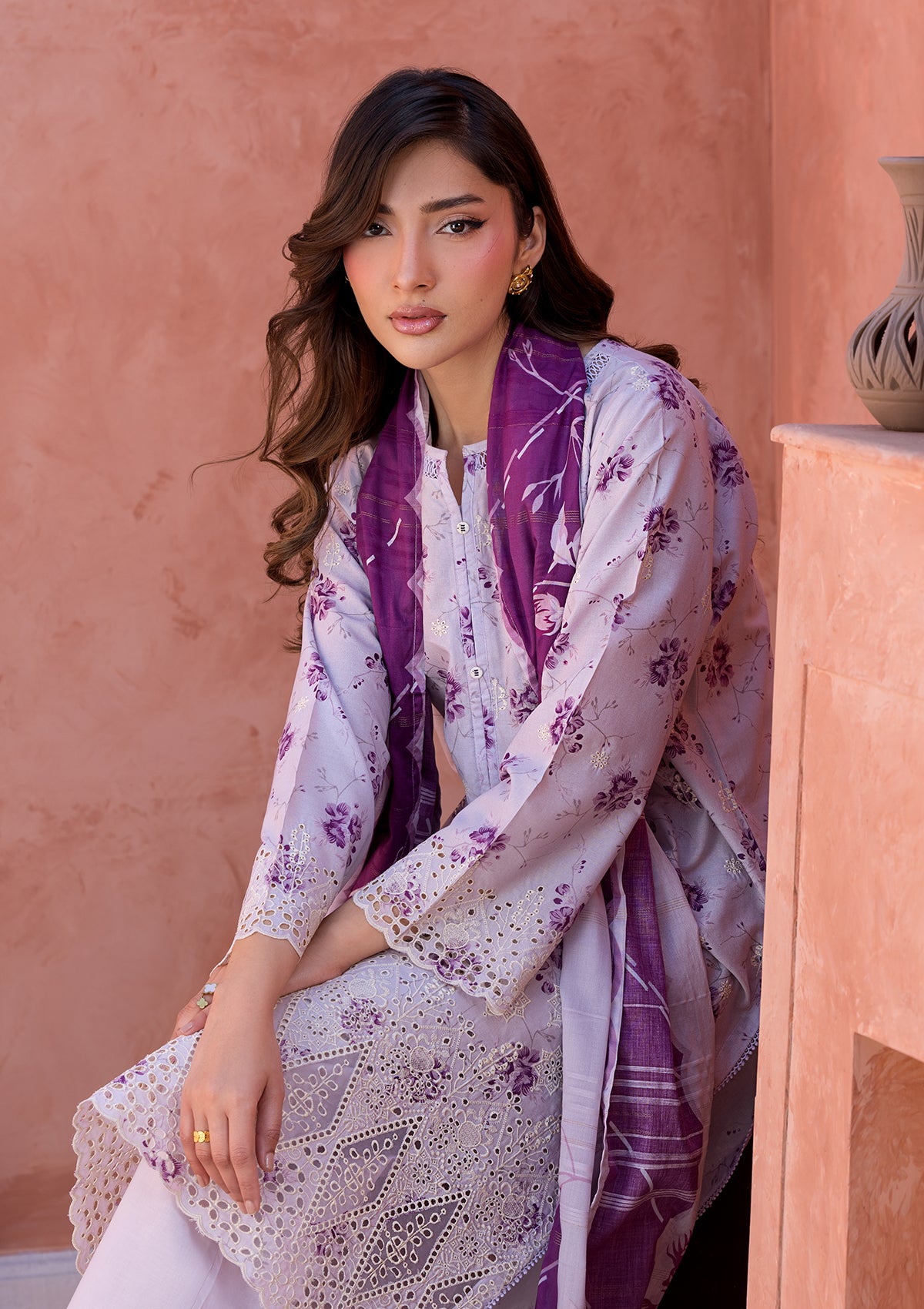 lawn Kurta Set in Purple taupe