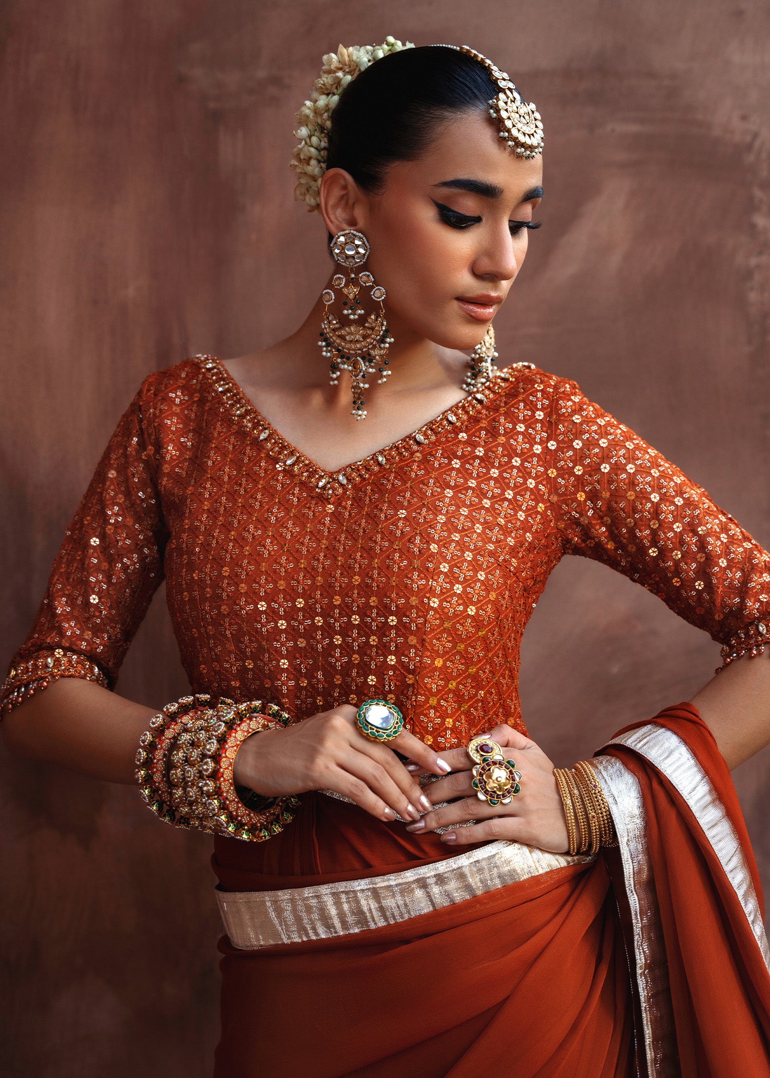 chiffon Saree in Rust orange