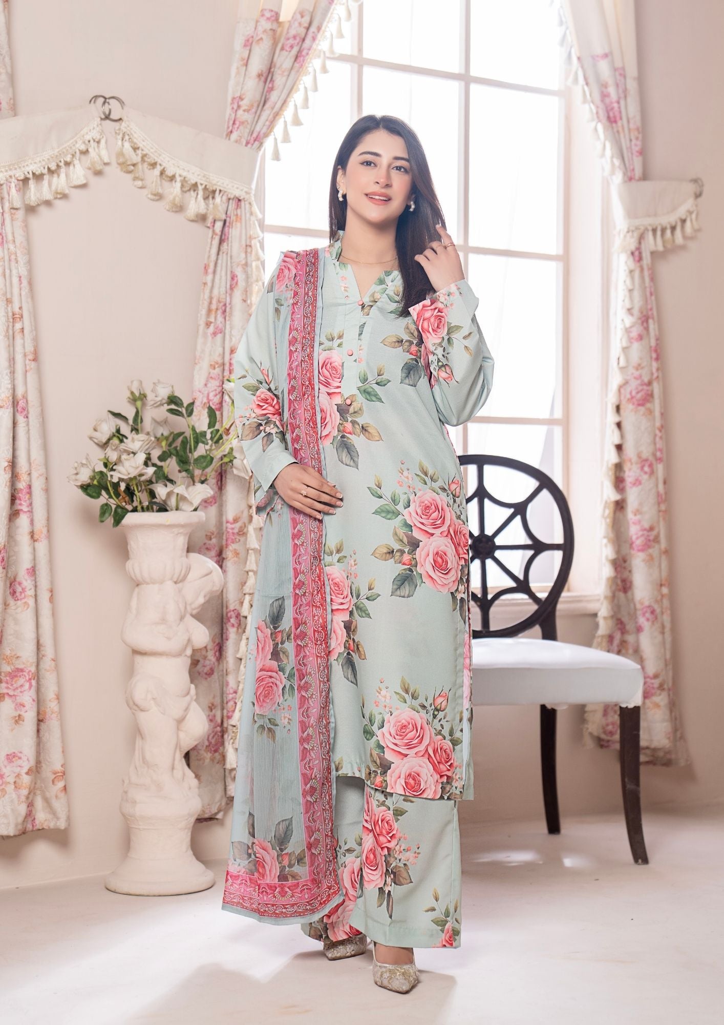arabic lawn Kurta Set in Cloud blue