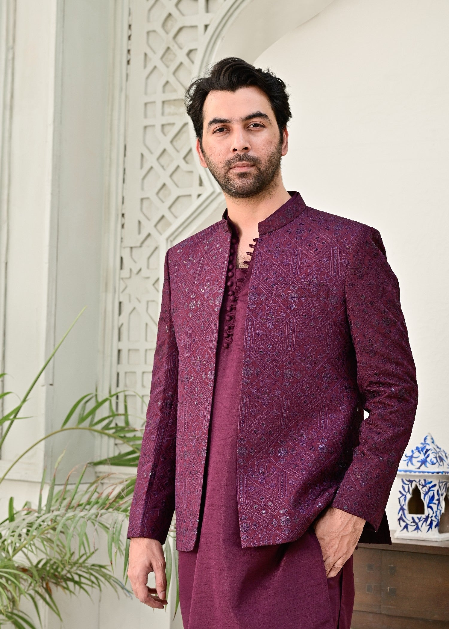 raw silk Prince Coat in Burgundy by HK Fashion