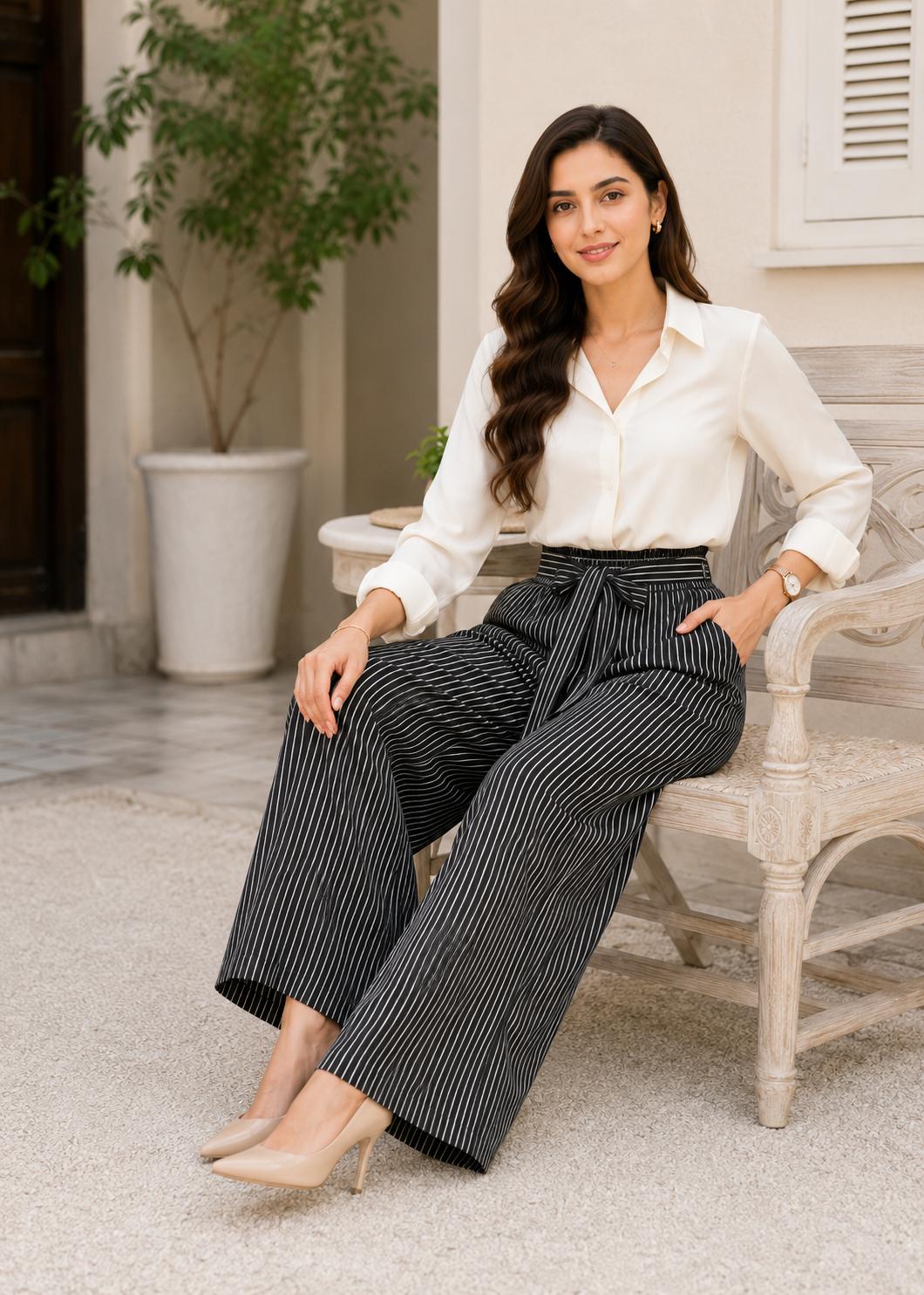 polyester Trousers in Black, warm grey