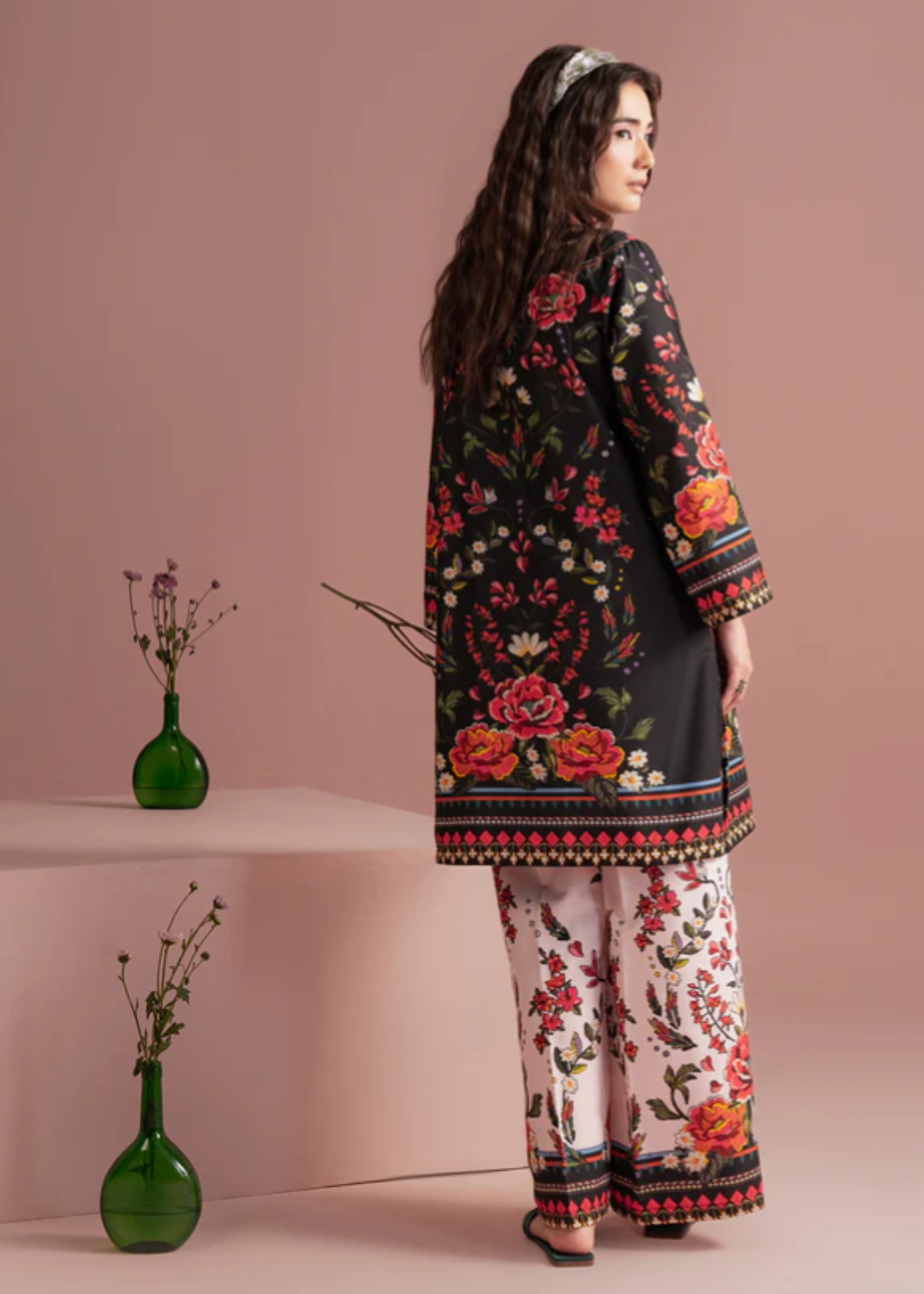 silk finish lawn Kurta Set in Ivory, black