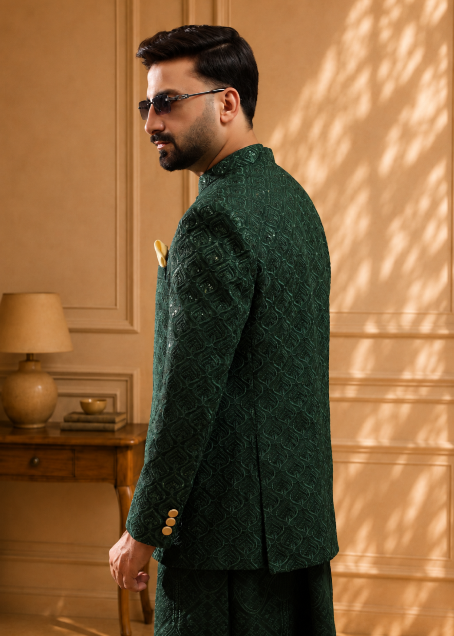jamawar Prince Coat in Dark green