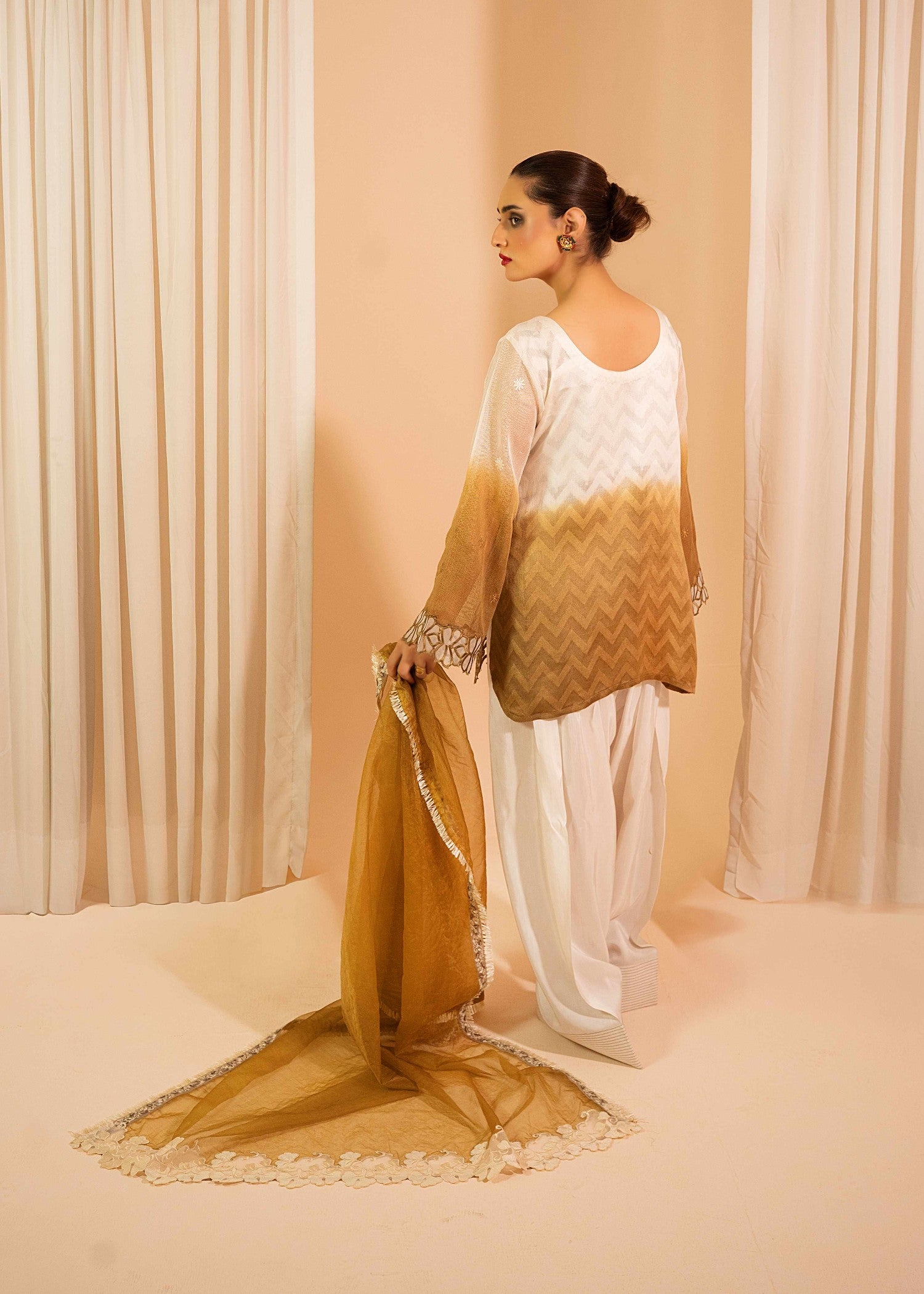 cotton net Kurta Set in Golden brown, white