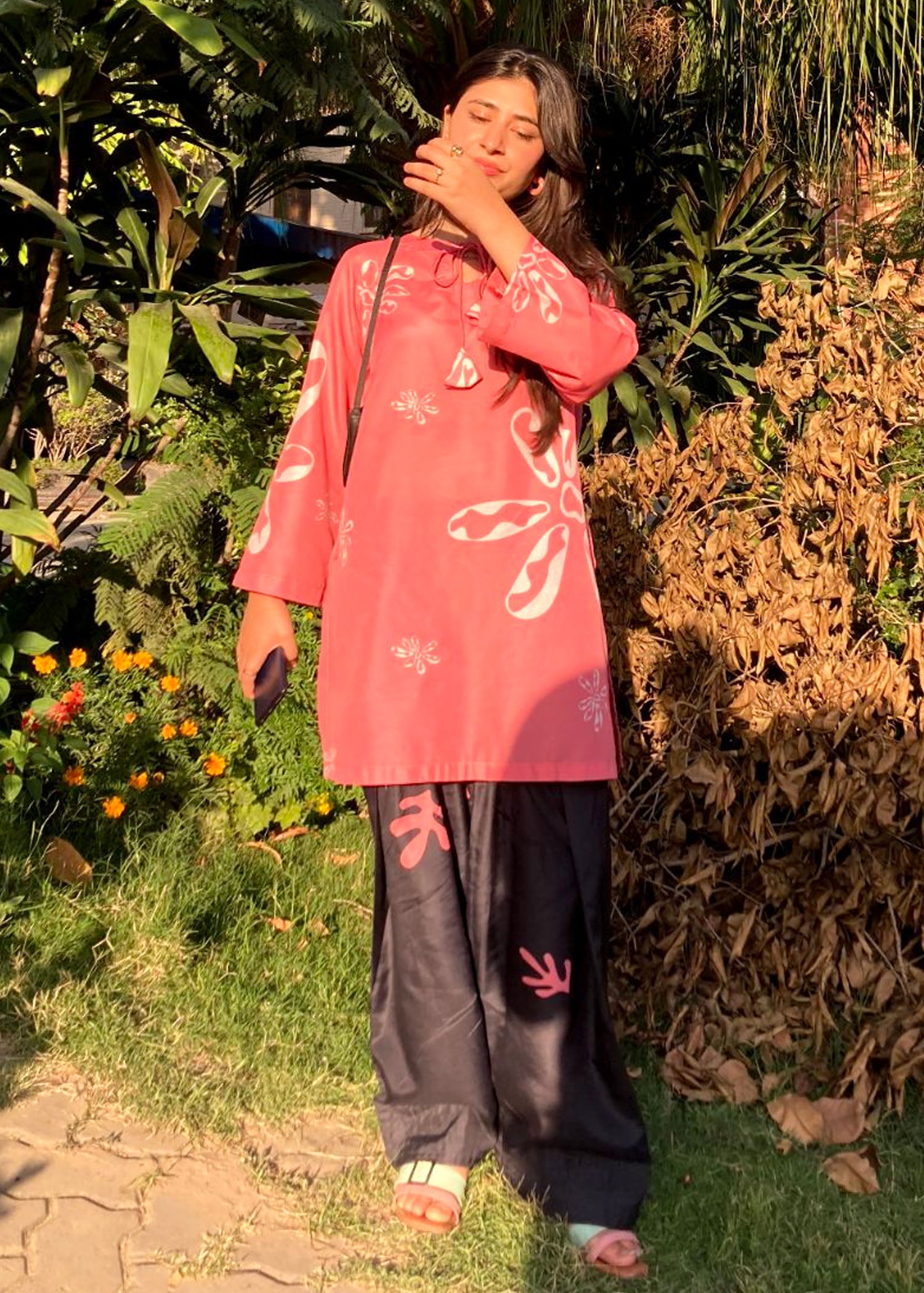 silk finish lawn Kurta Set in Hot pink