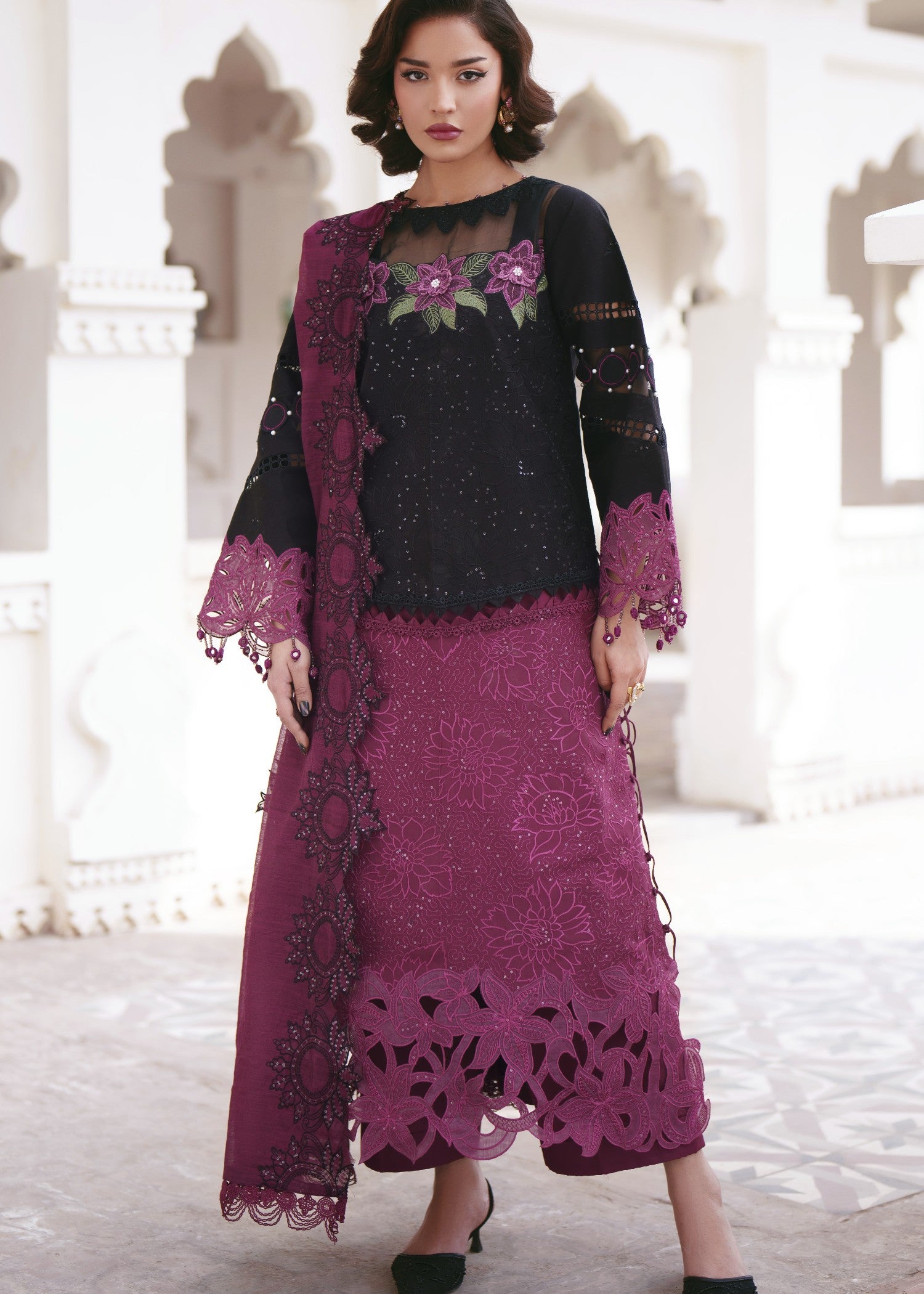 lawn Unstitched in Black, red violet