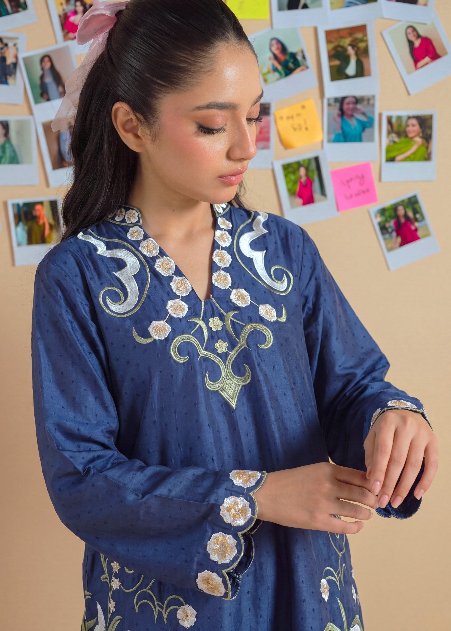 textured lawn Kurta Set in Navy blue