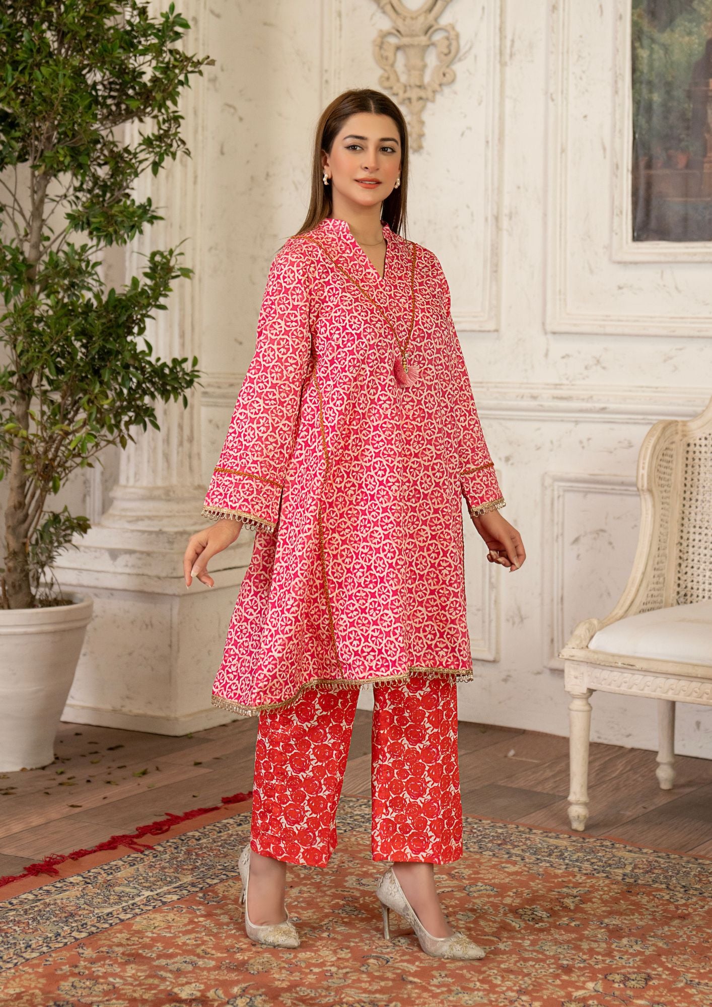 lawn Short Frock in Red