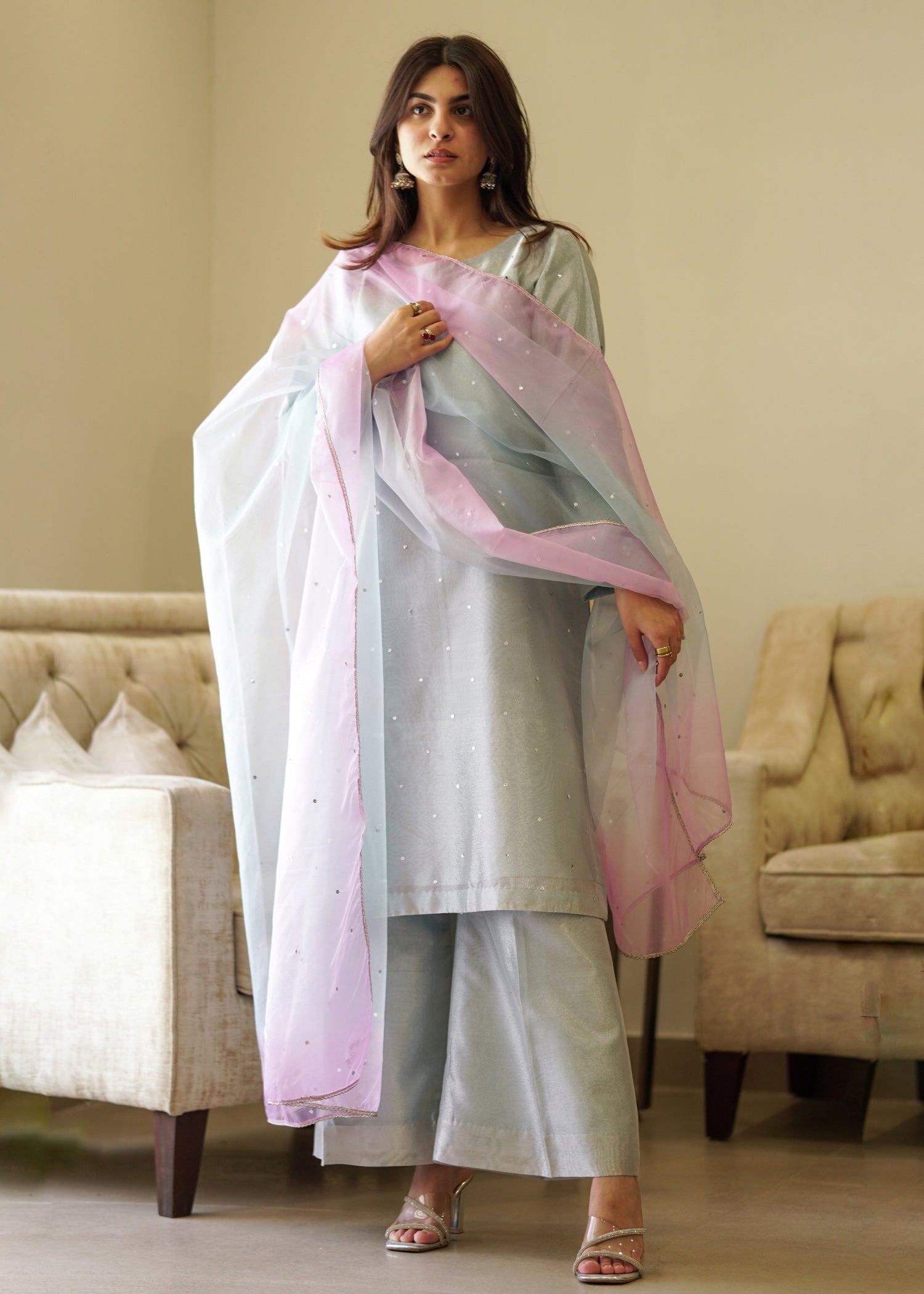 zari tissue Kurta Set in Ice blue