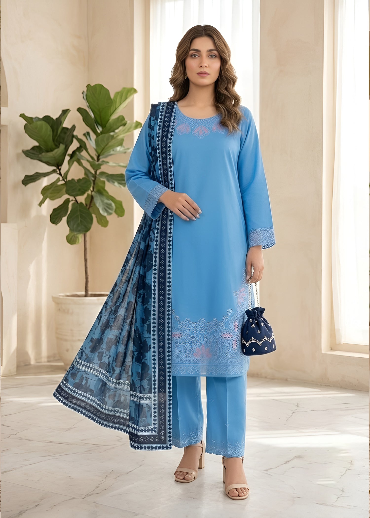 lawn Kurta Set in Steel blue