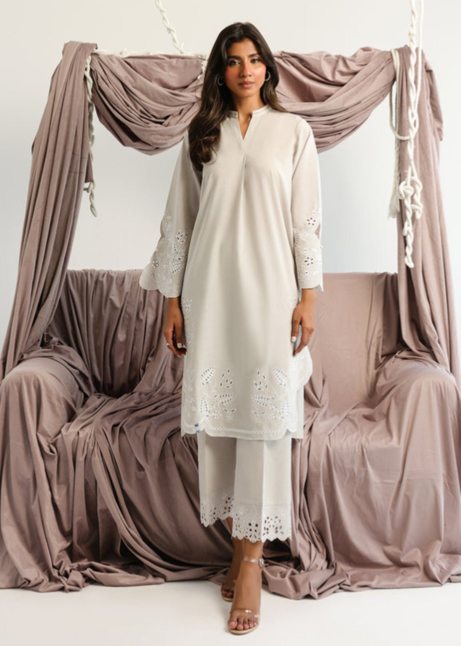cambric Kurta Set in Light grey