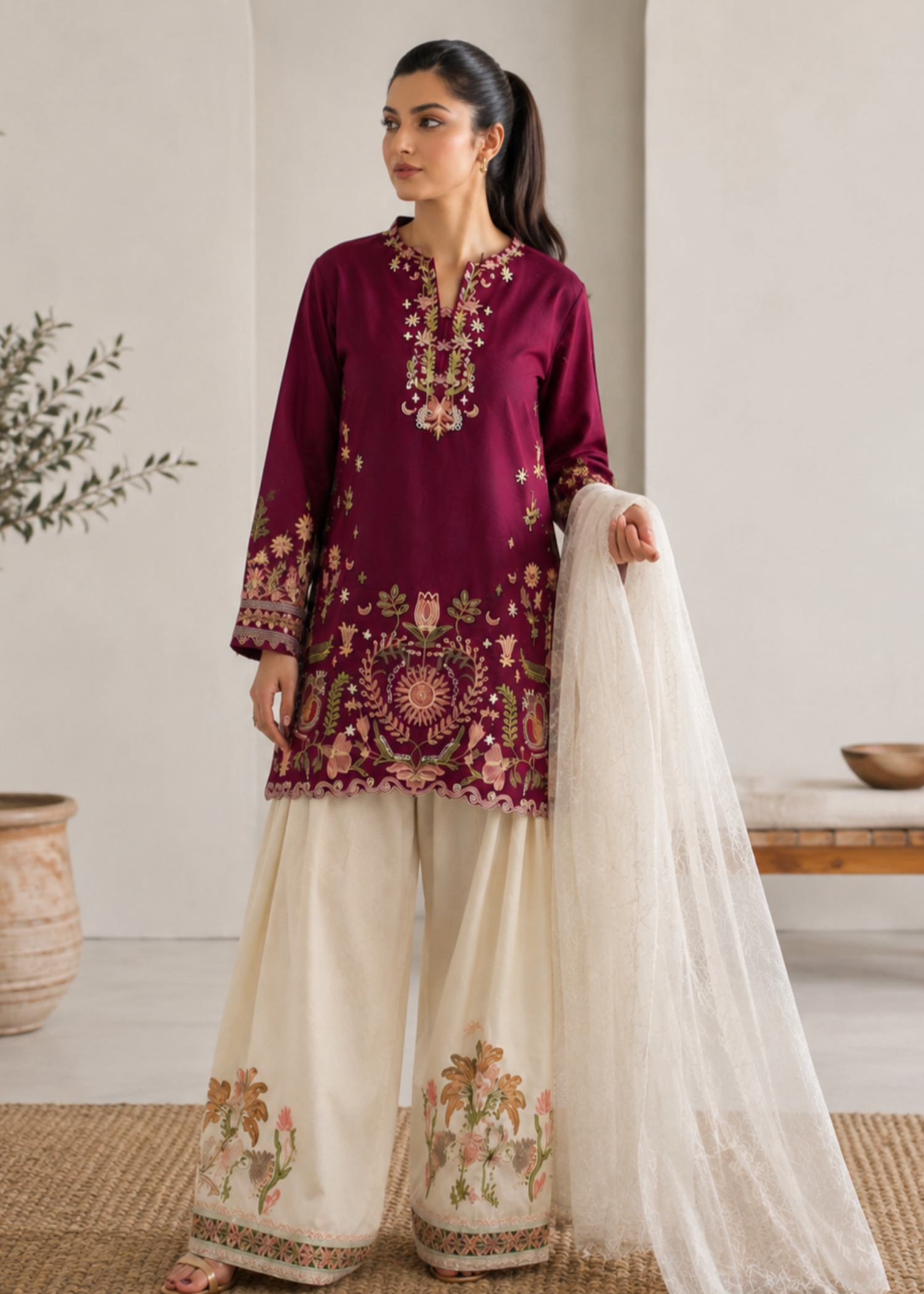 linen Kurta Set in White, deep purple