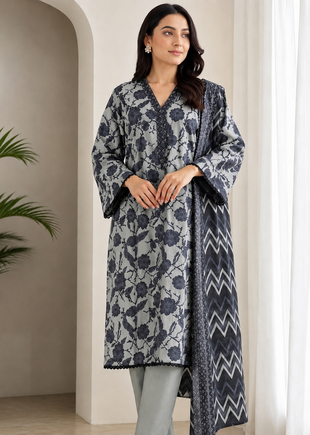 lawn Kurta Set in Charcoal