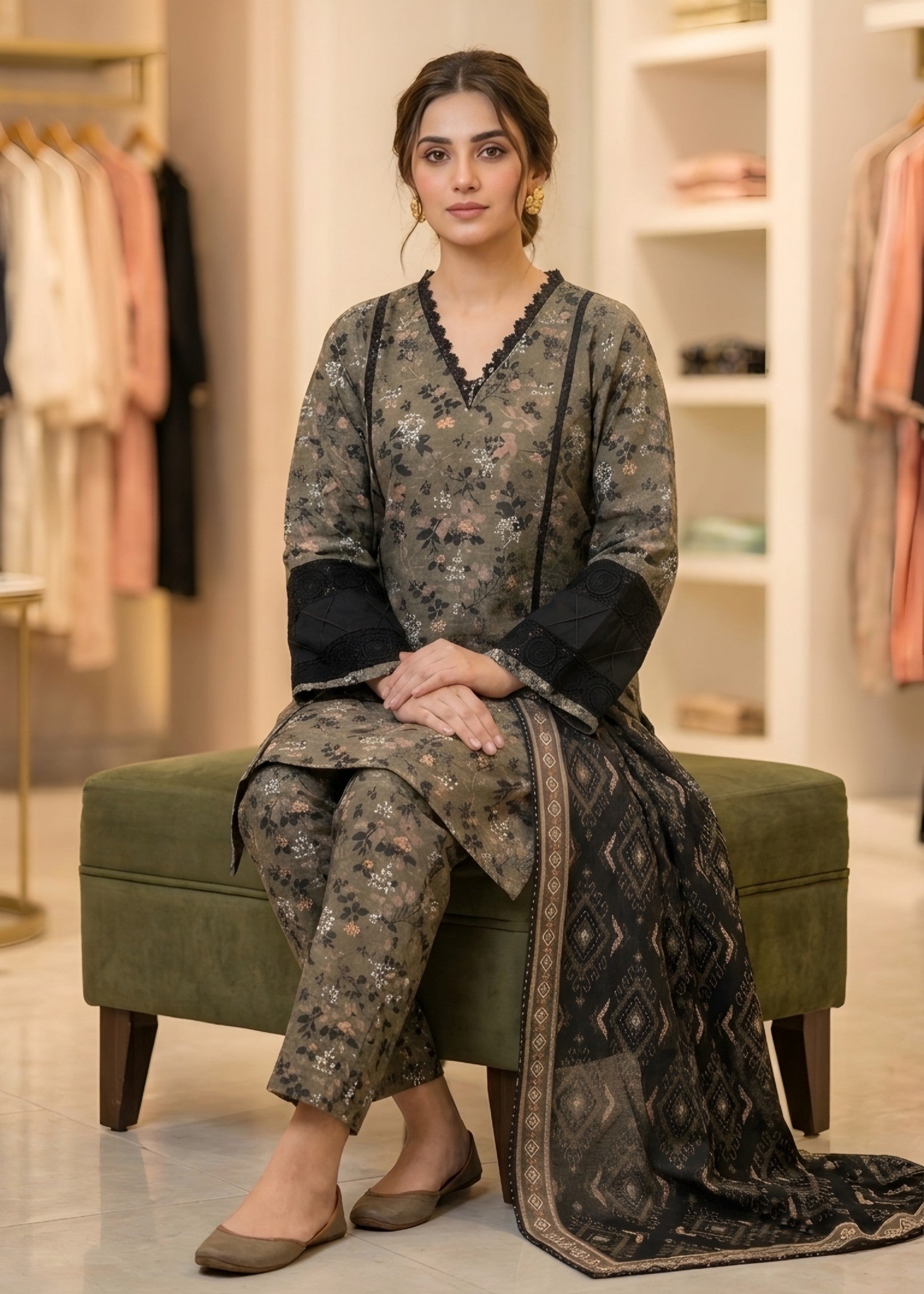 khaddar Kurta Set in Peanut, umber brown